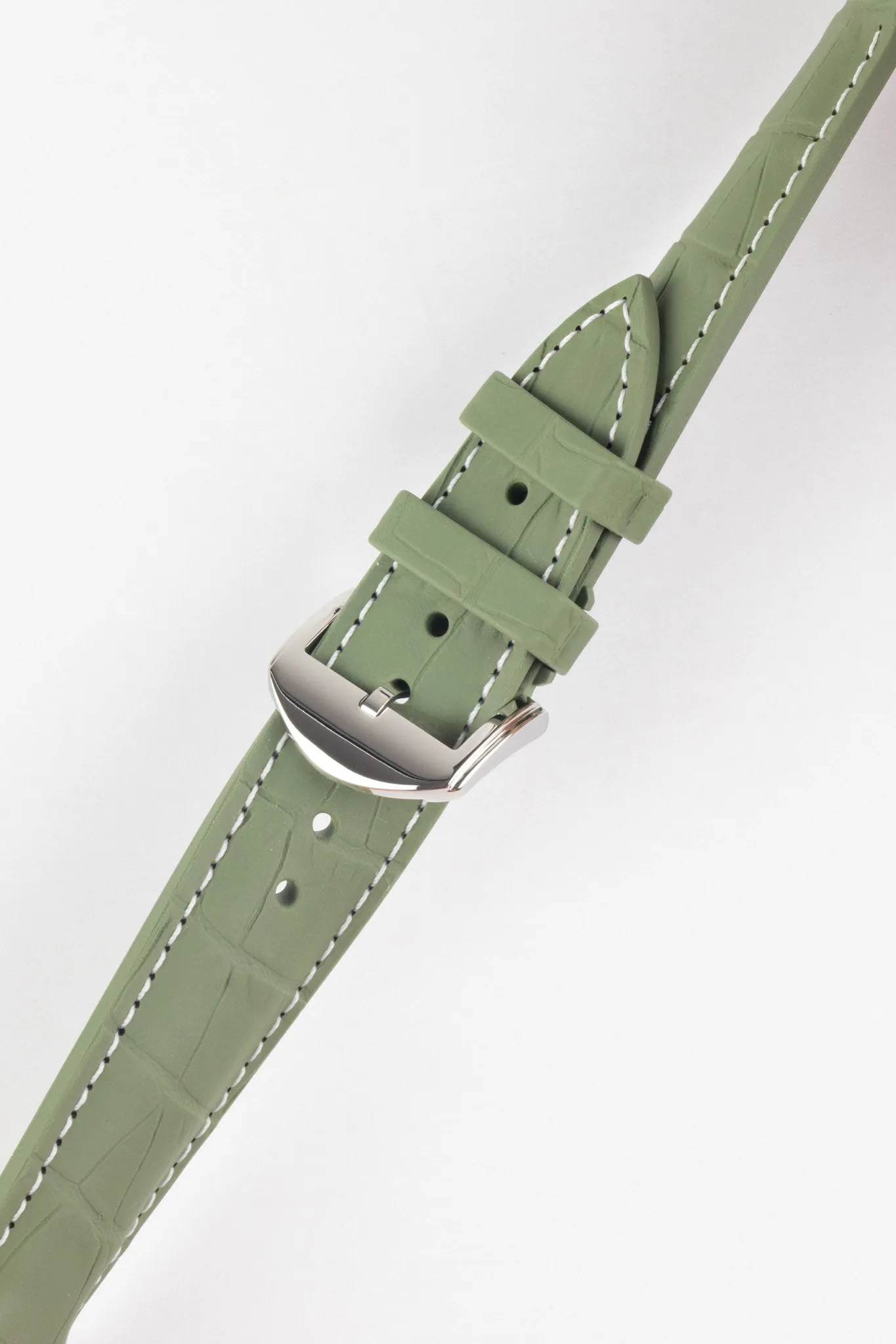 ISOSWISS SKINSKAN Alligator-Embossed Rubber Watch Strap in KHAKI GREEN with White Stitch