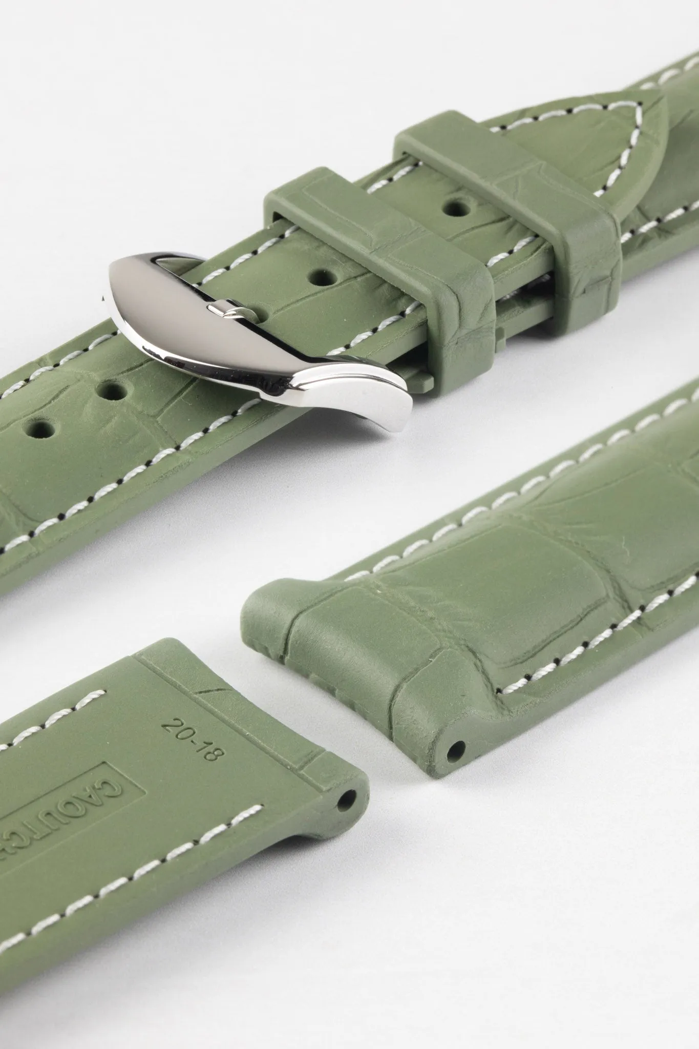 ISOSWISS SKINSKAN Alligator-Embossed Rubber Watch Strap in KHAKI GREEN with White Stitch