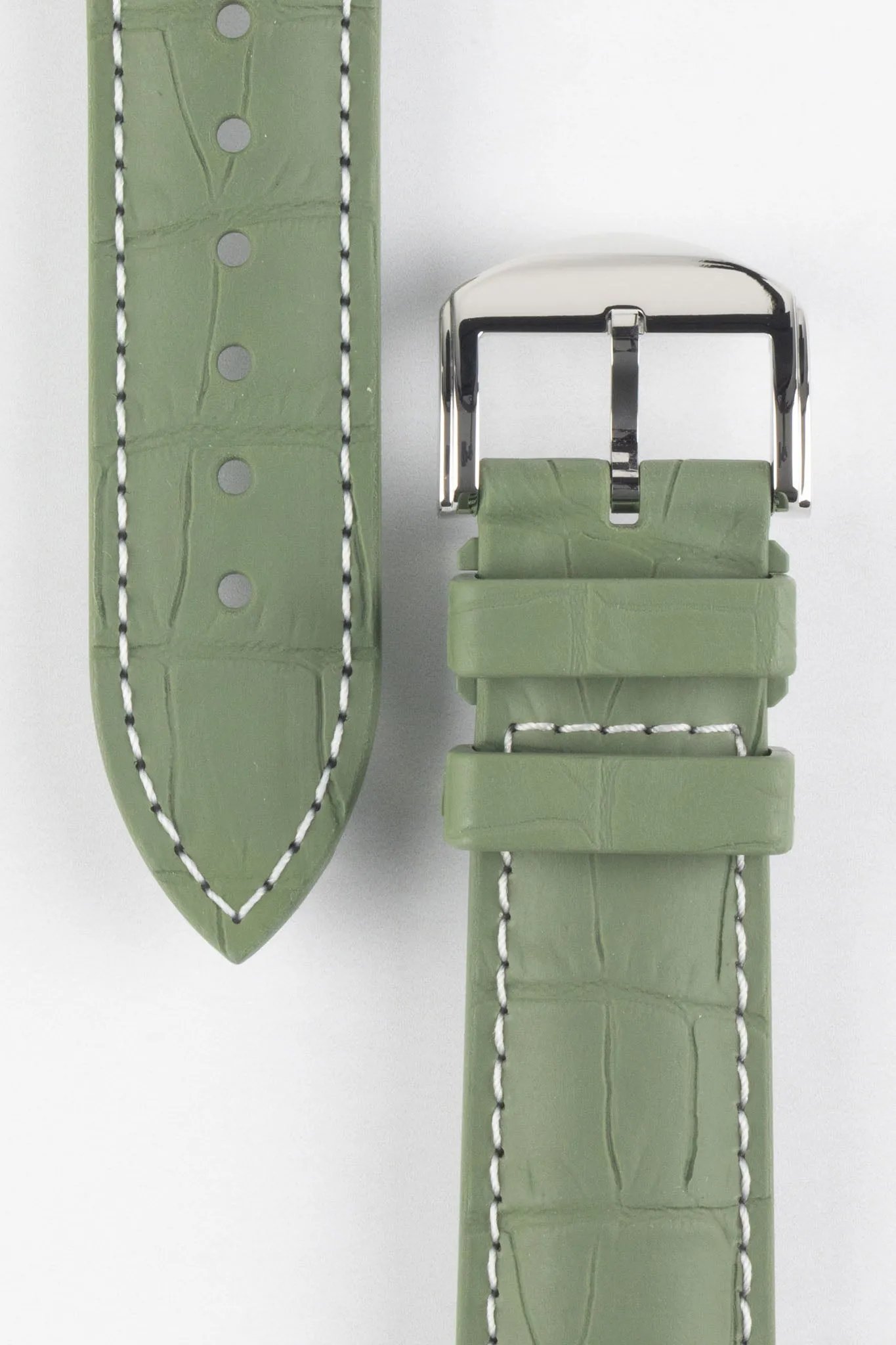 ISOSWISS SKINSKAN Alligator-Embossed Rubber Watch Strap in KHAKI GREEN with White Stitch
