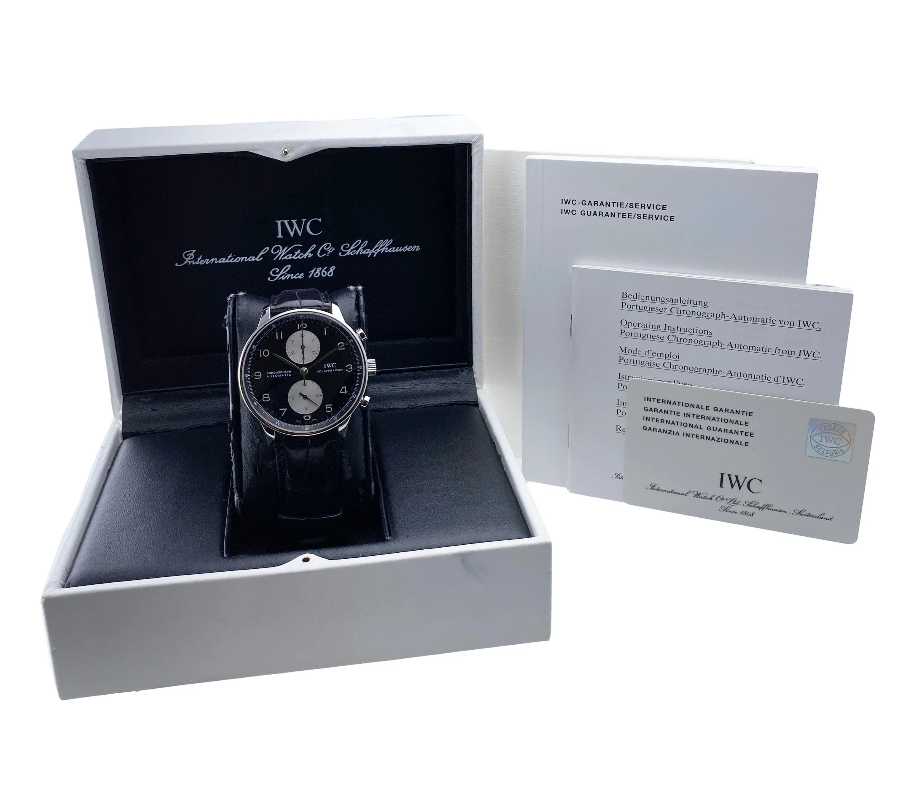 IWC Portuguese Chronograph IW371447 Black Dial Mens Watch Box Papers