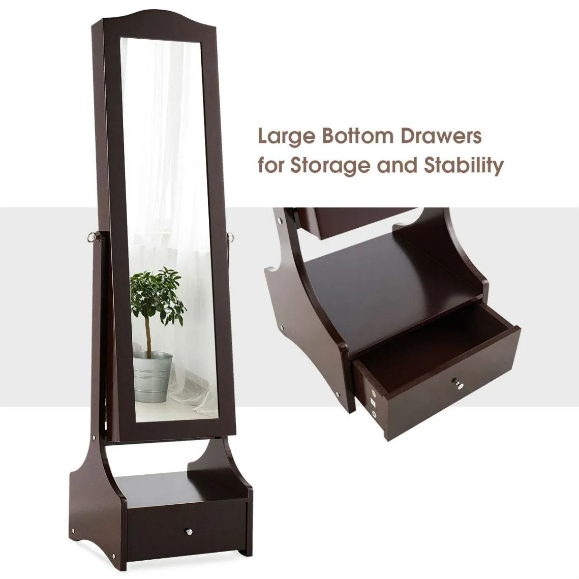 Jewelry Armoire Full Length Cheval Mirror with Tilt in Coffee Brown Wood Finish