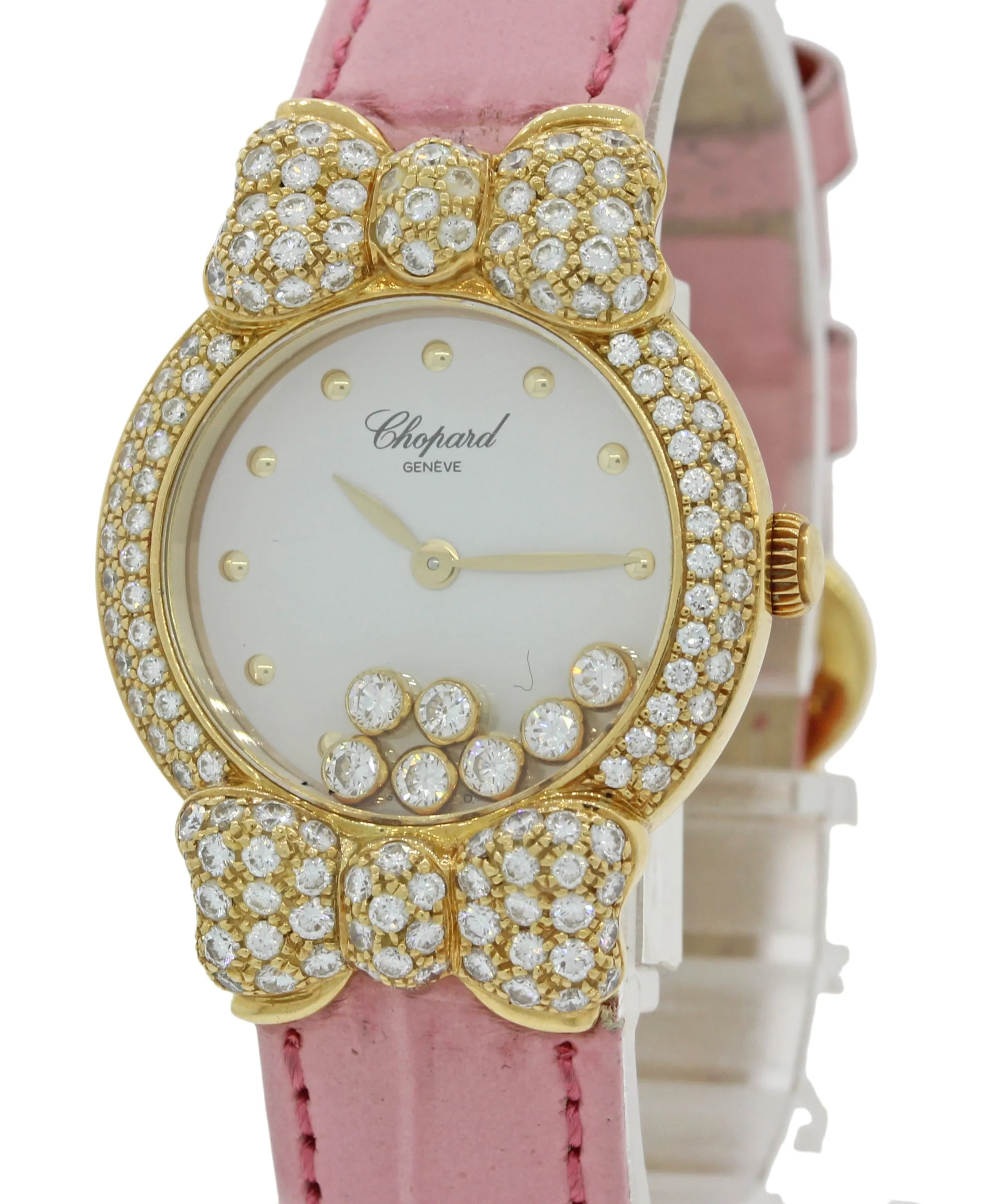 Ladies Chopard Happy 7 Floating Diamond 20/6556 18k Gold Bow Pink Watch B&P J8