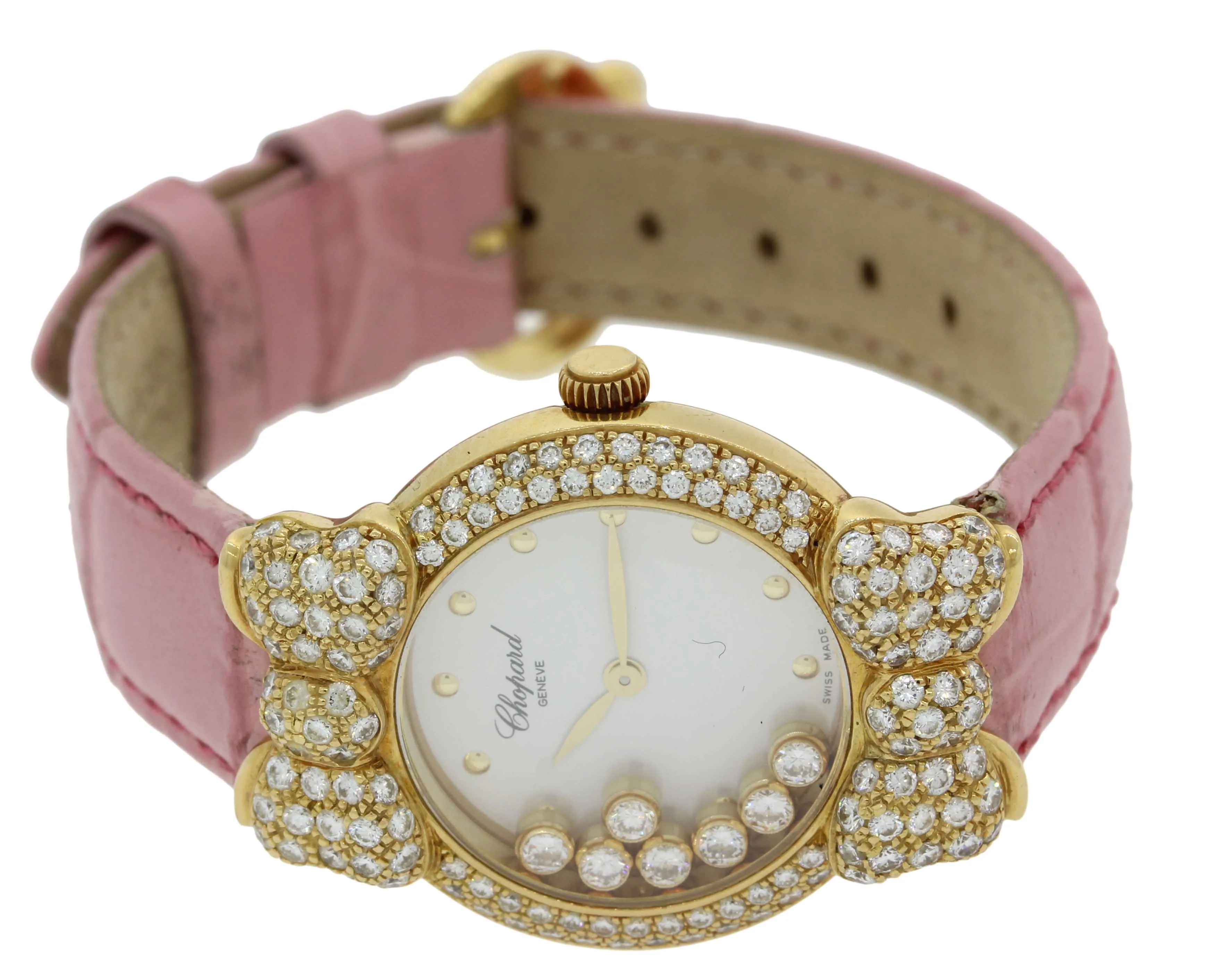 Ladies Chopard Happy 7 Floating Diamond 20/6556 18k Gold Bow Pink Watch B&P J8