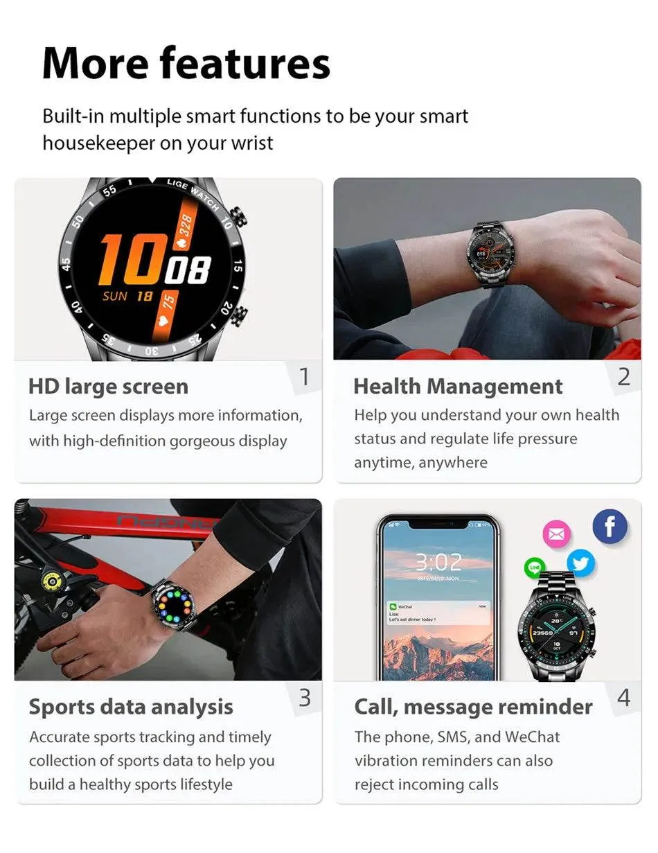 LIGE New Smart Watch Men Bluetooth Call Watch IP67 Waterproof Sports Fitness Bracelet For Android IOS Clock Men Smartwatch Box