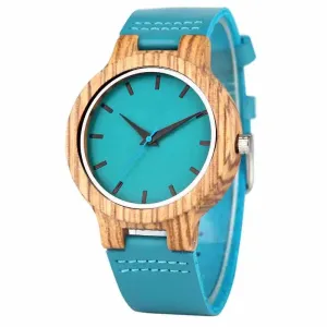 Luxurious Royal Blue Wooden Watch Quartz Wristwatch 100% Natural Bamboo Fashion Leather Band Makes great Gift