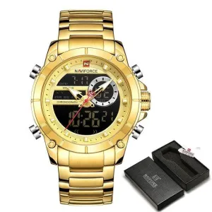 Military Sport Gold Quartz Steel Waterproof Dual Display Men Wrist Watch