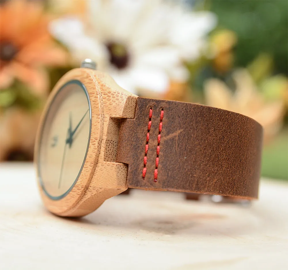 Minimalist Engraved Bamboo Watches With Premium Leather Band
