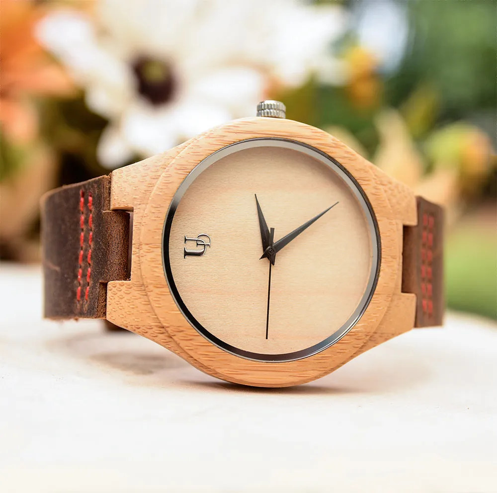 Minimalist Engraved Bamboo Watches With Premium Leather Band
