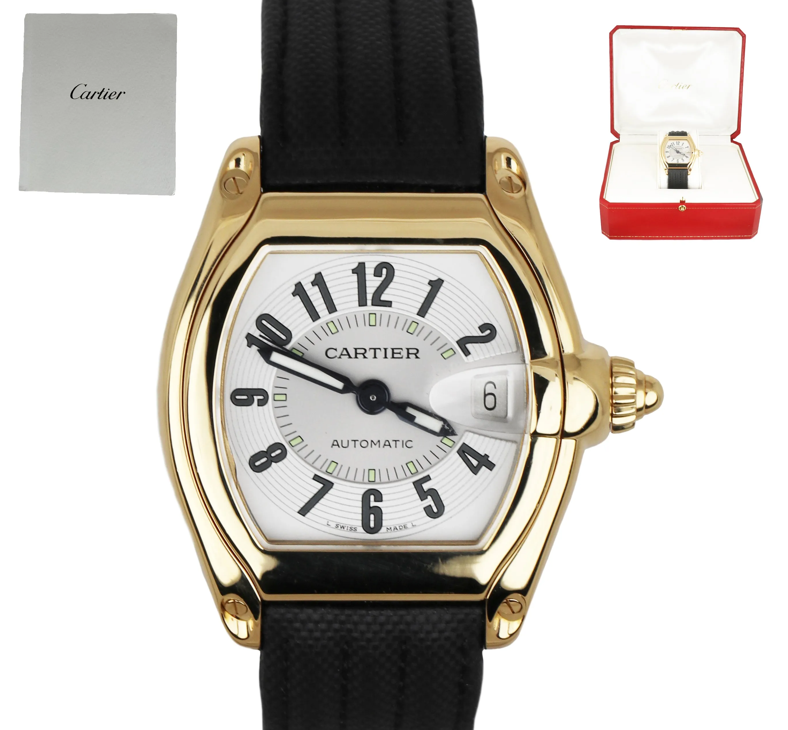 MINT Cartier Roadster 18K Yellow Gold 36mm 2524 Silver Arabic Dial Date W62003V2