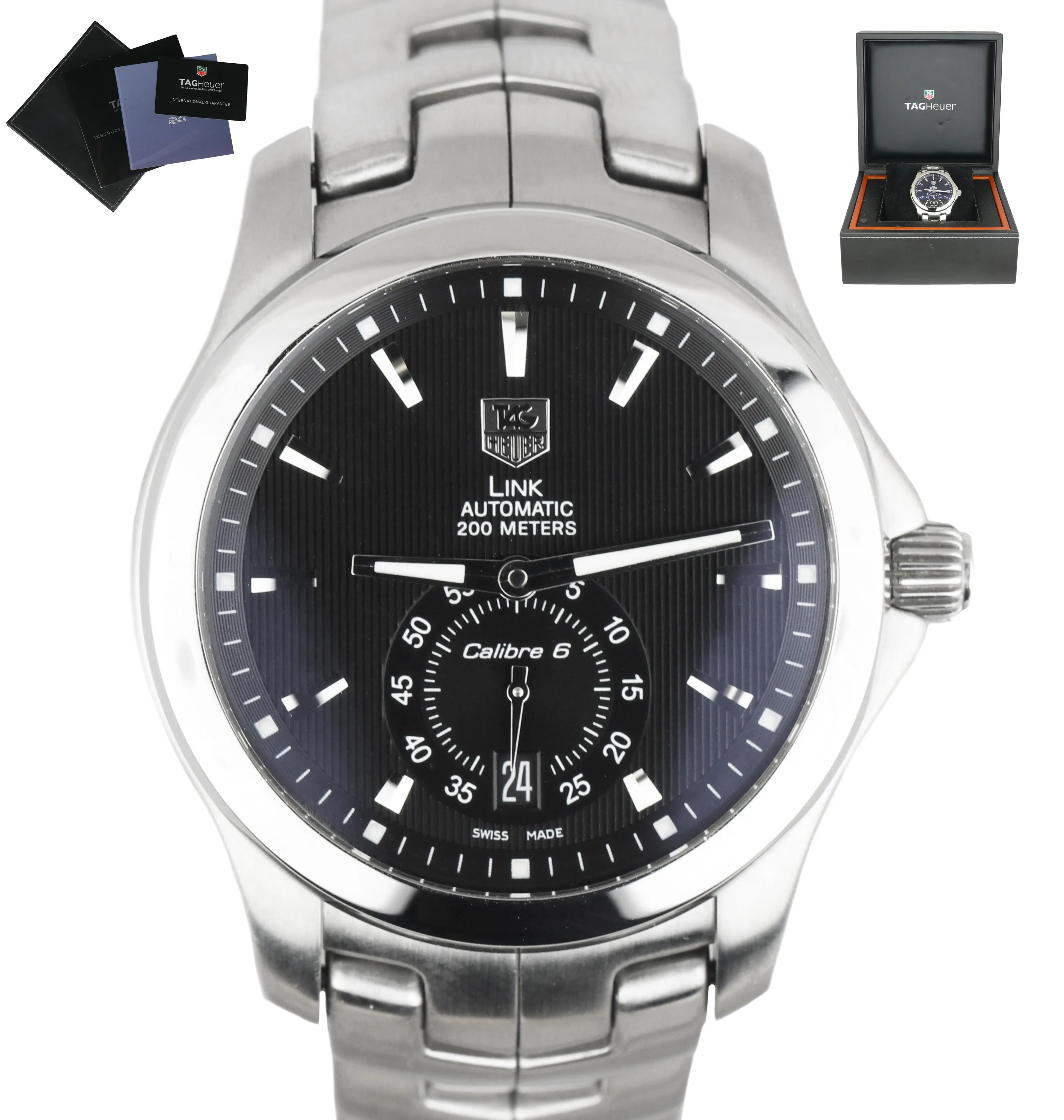 MINT TAG Heuer Link Calibre 6 Black 38mm Automatic Stainless Steel WJF211A Watch