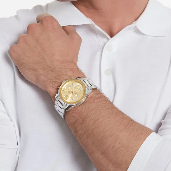 Movado Bold Verso Mens Chronograph Stainless Steel Gold Dial Watch