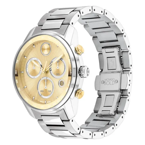 Movado Bold Verso Mens Chronograph Stainless Steel Gold Dial Watch