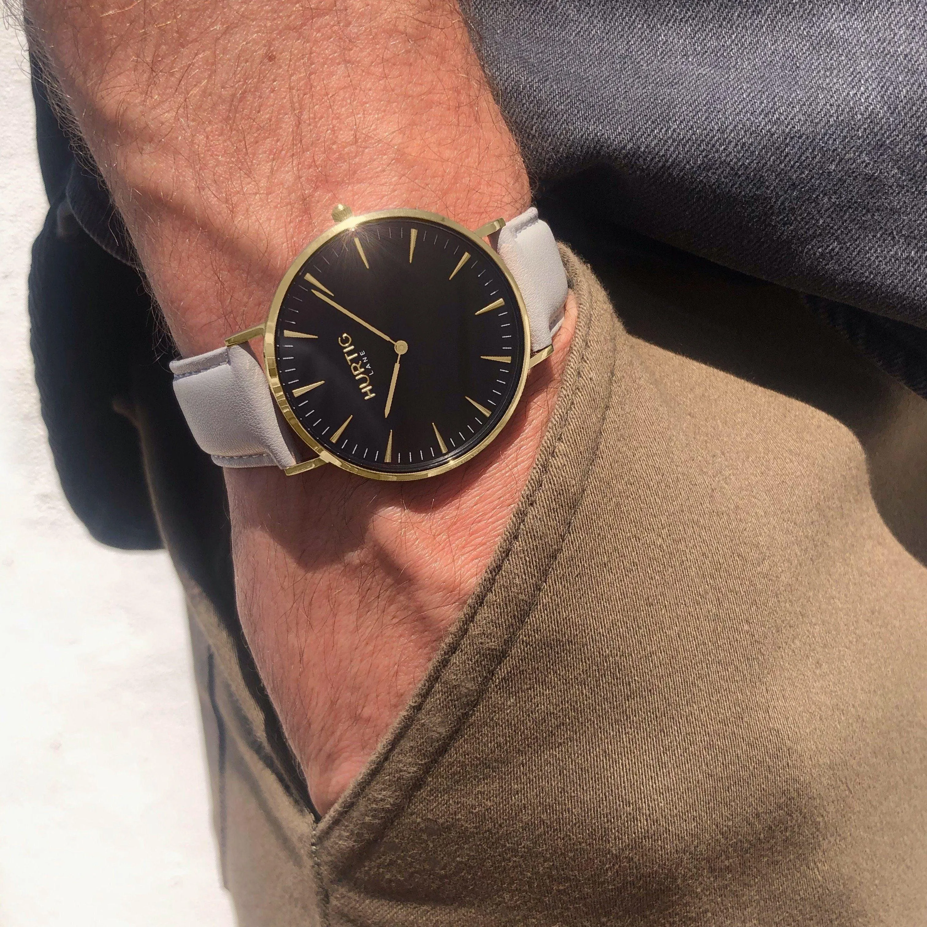 Mykonos Vegan Leather Watch Gold, Black & Cloud
