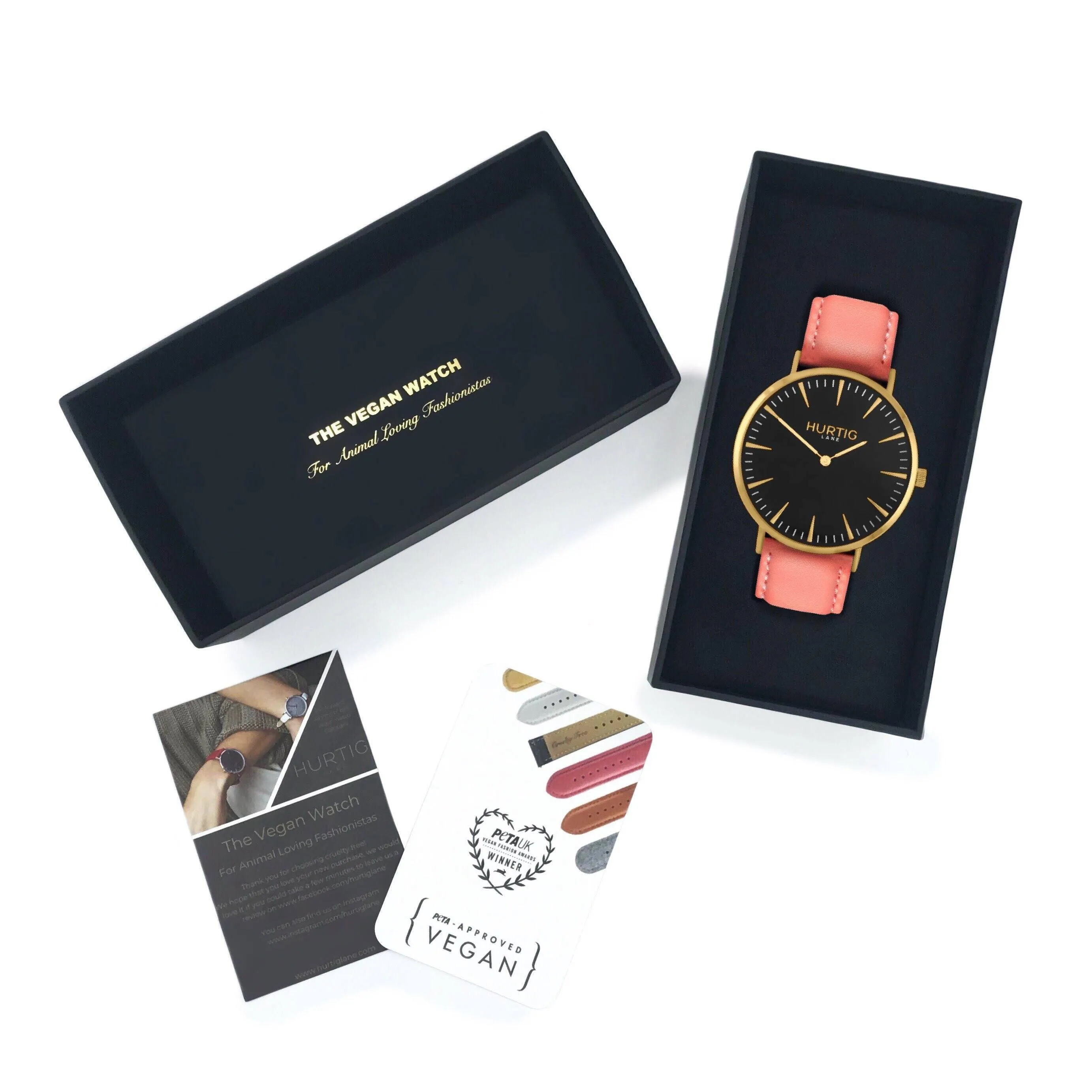 Mykonos Vegan Leather Watch Gold, Black & Coral