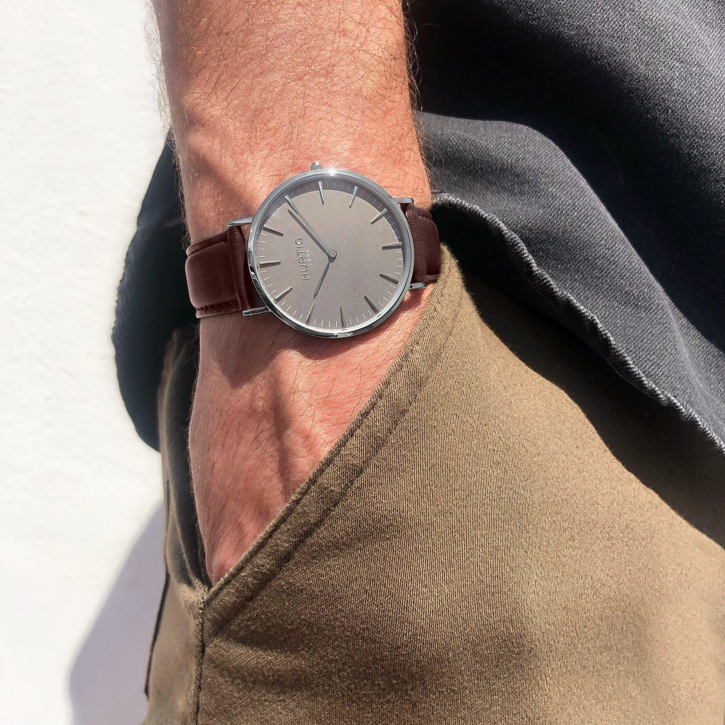 Mykonos Vegan Leather Watch Silver, Grey & Chestnut