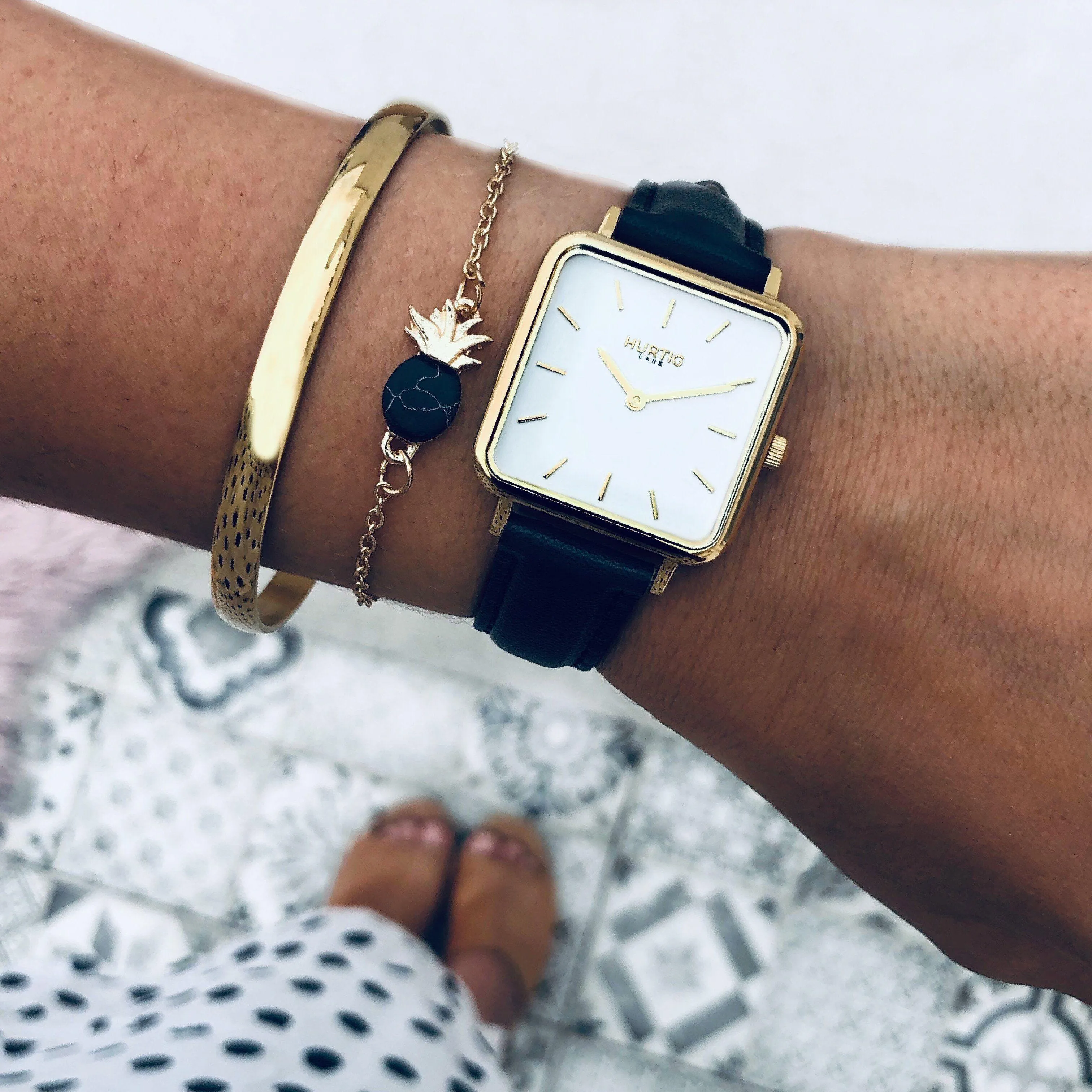 Neliö Square CACTUS Leather Watch Gold, White & Black