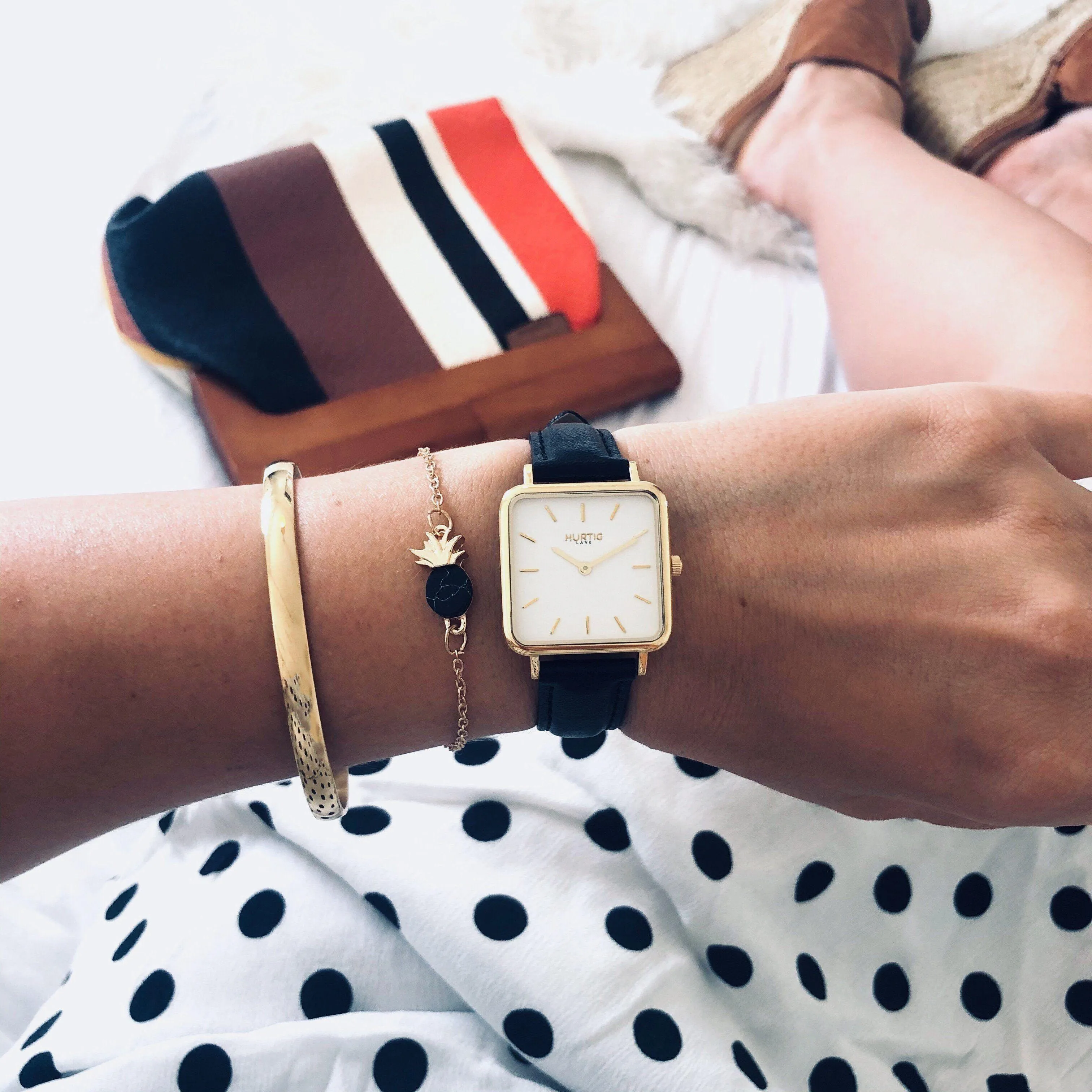 Neliö Square CACTUS Leather Watch Gold, White & Black