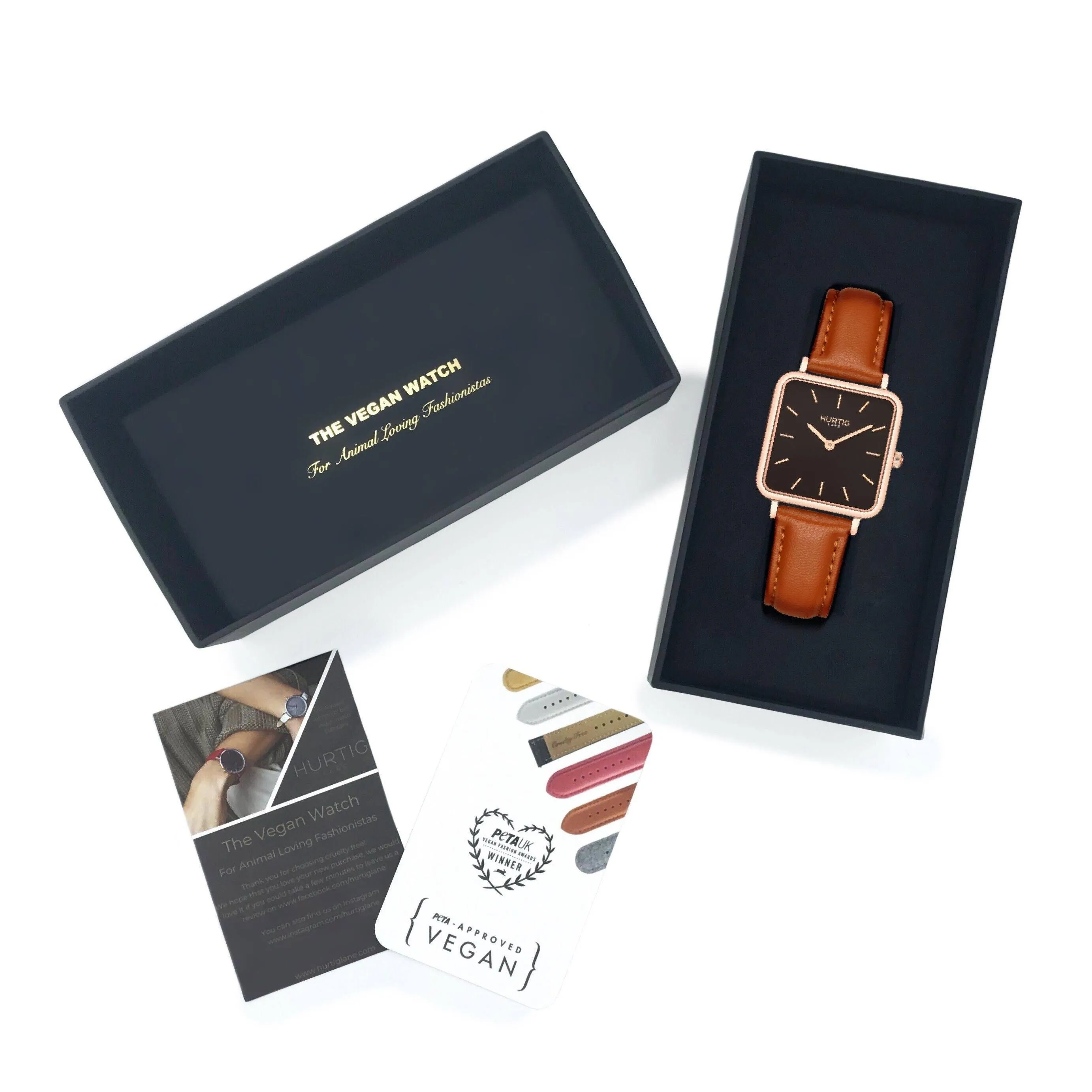Neliö Square Vegan Leather Watch Rose Gold, Black & Tan