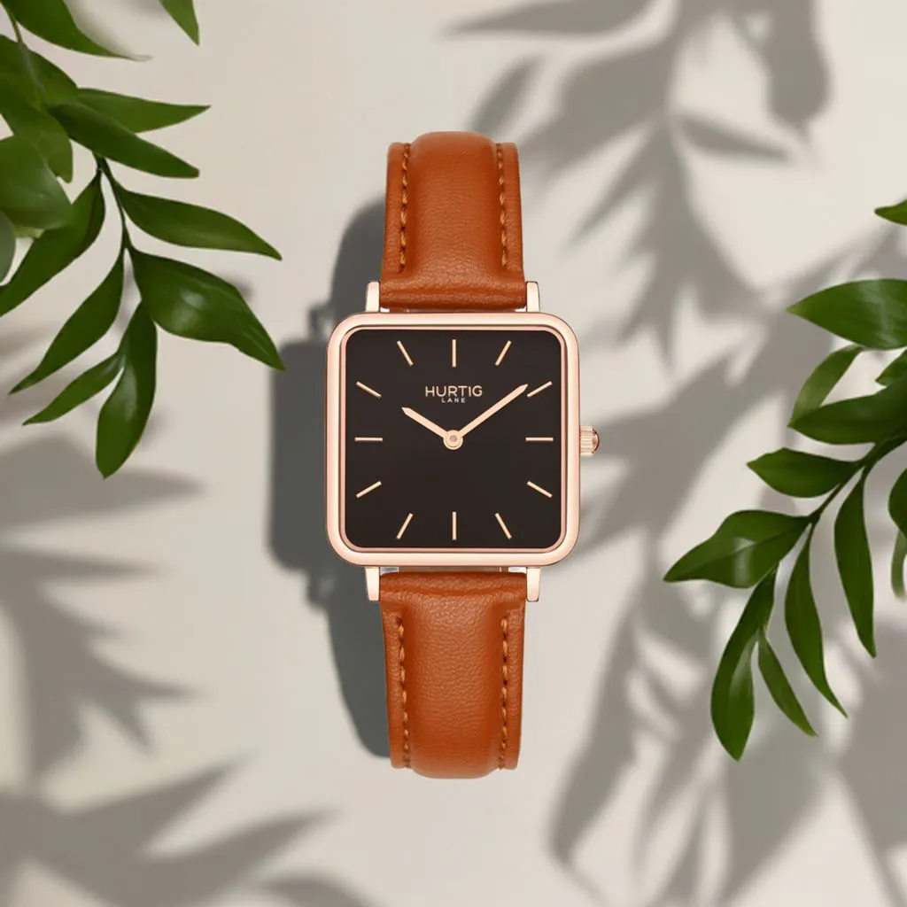 Neliö Square Vegan Leather Watch Rose Gold, Black & Tan