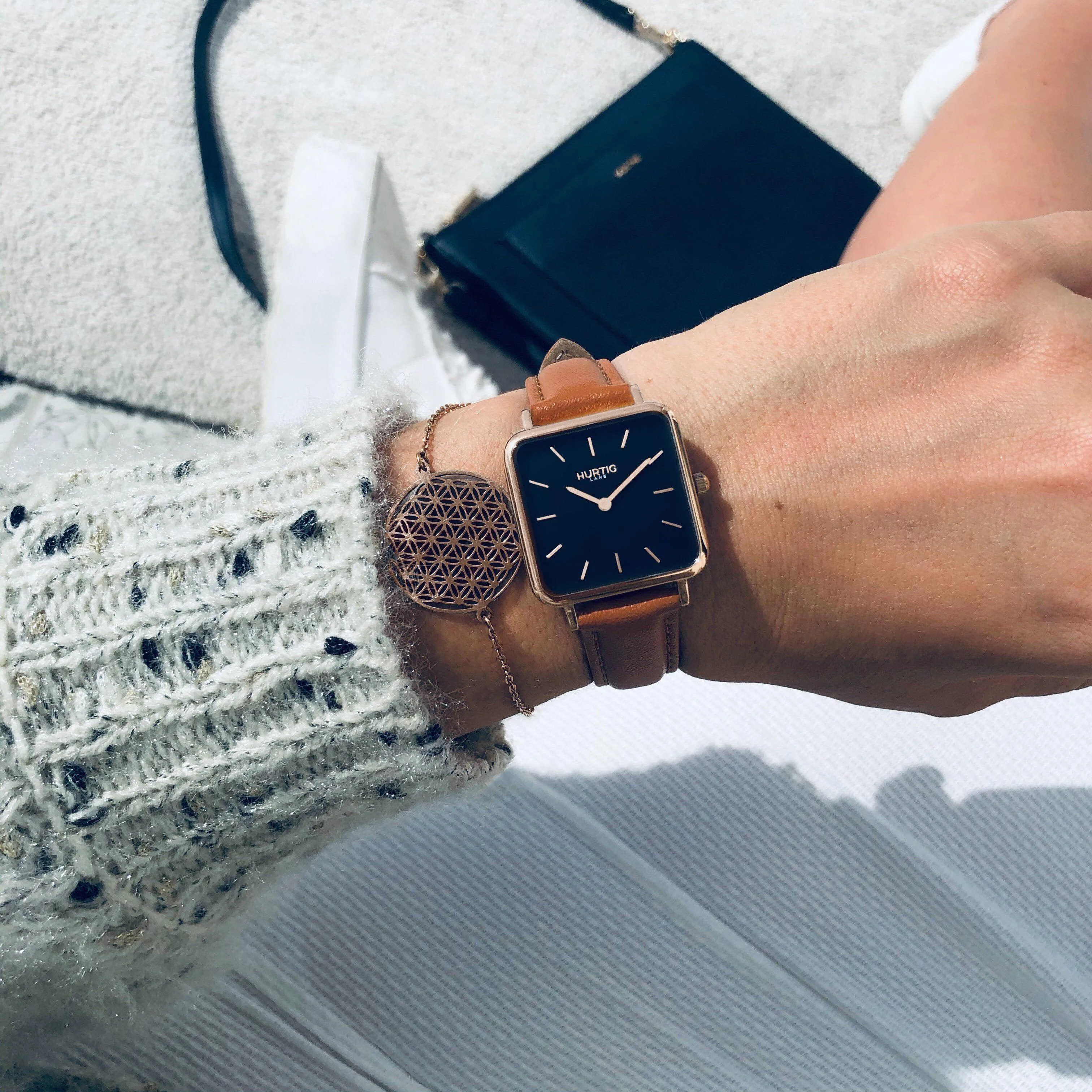 Neliö Square Vegan Leather Watch Rose Gold, Black & Tan