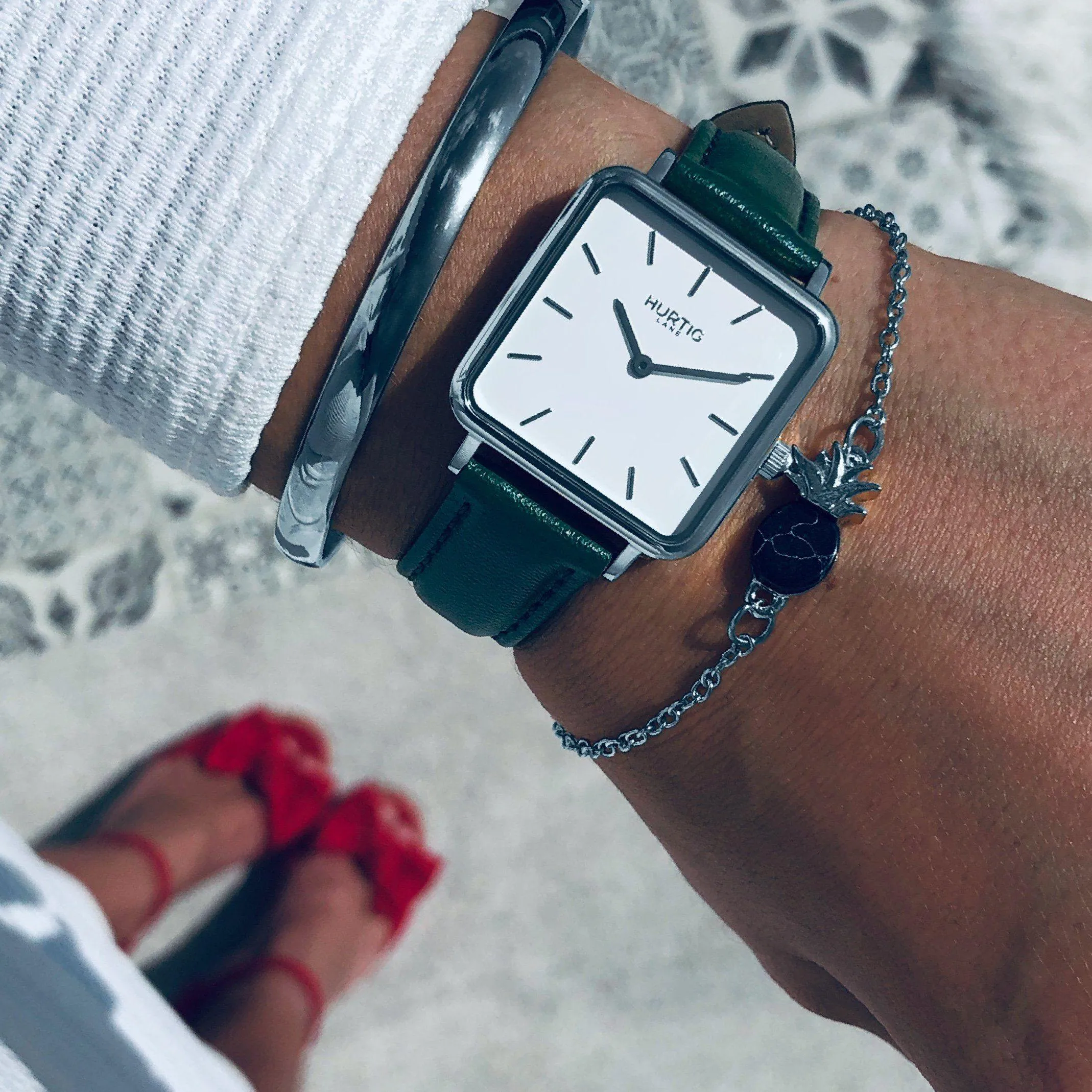 Neliö Square Vegan Leather Watch Silver, White & Green