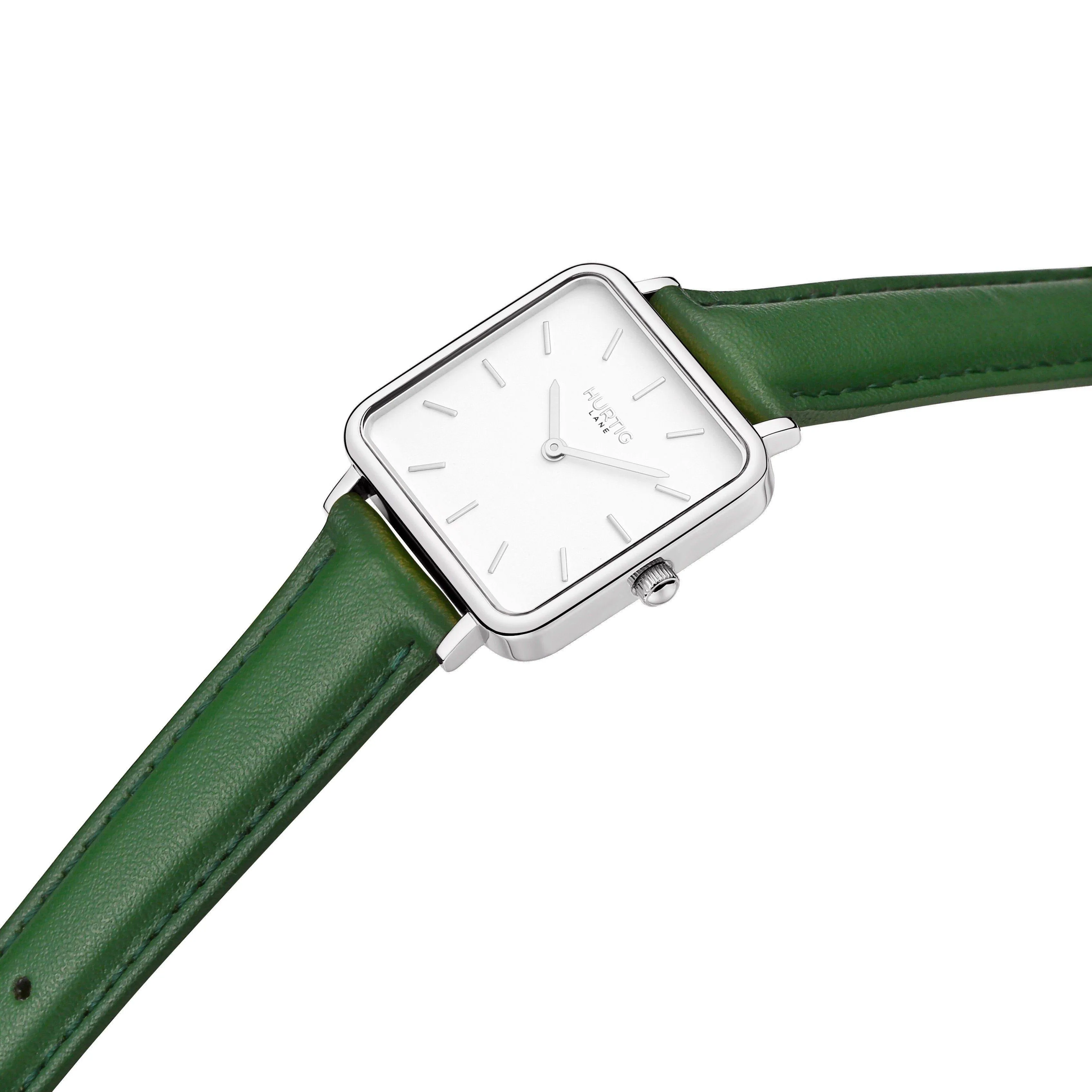 Neliö Square Vegan Leather Watch Silver, White & Green