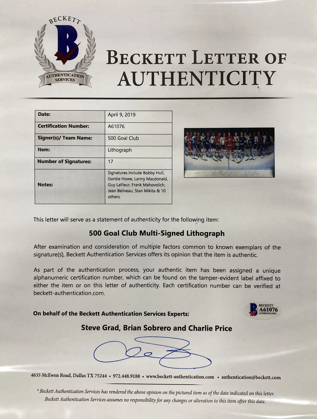 NHL 500 Goal Club (17) Signed Framed Lithograph Howe LaFleur Mikita & More BAS
