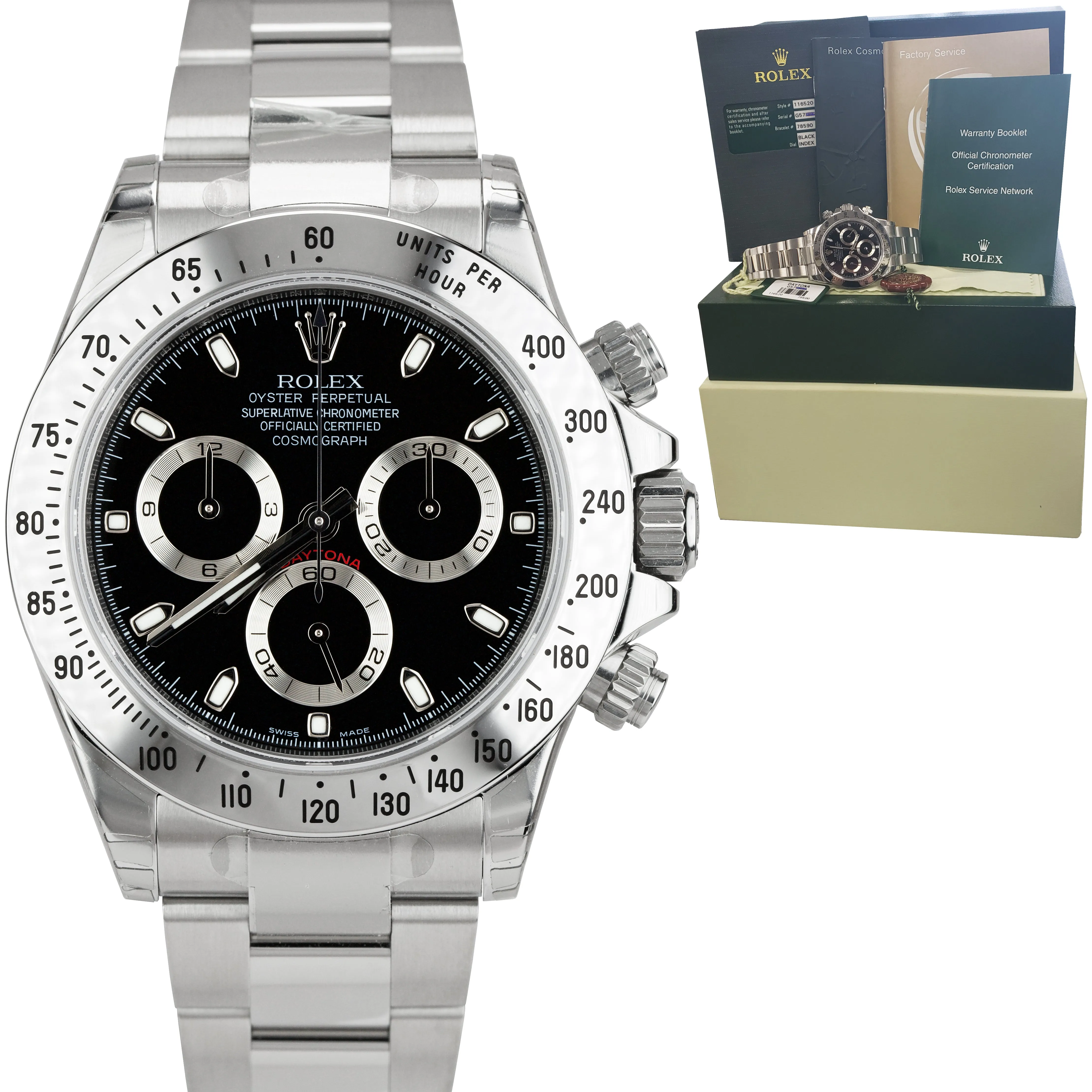 NOS BRAND NEW STICKERS Rolex Daytona Black 116520 40mm REHAUT FAT BUCKLE Watch