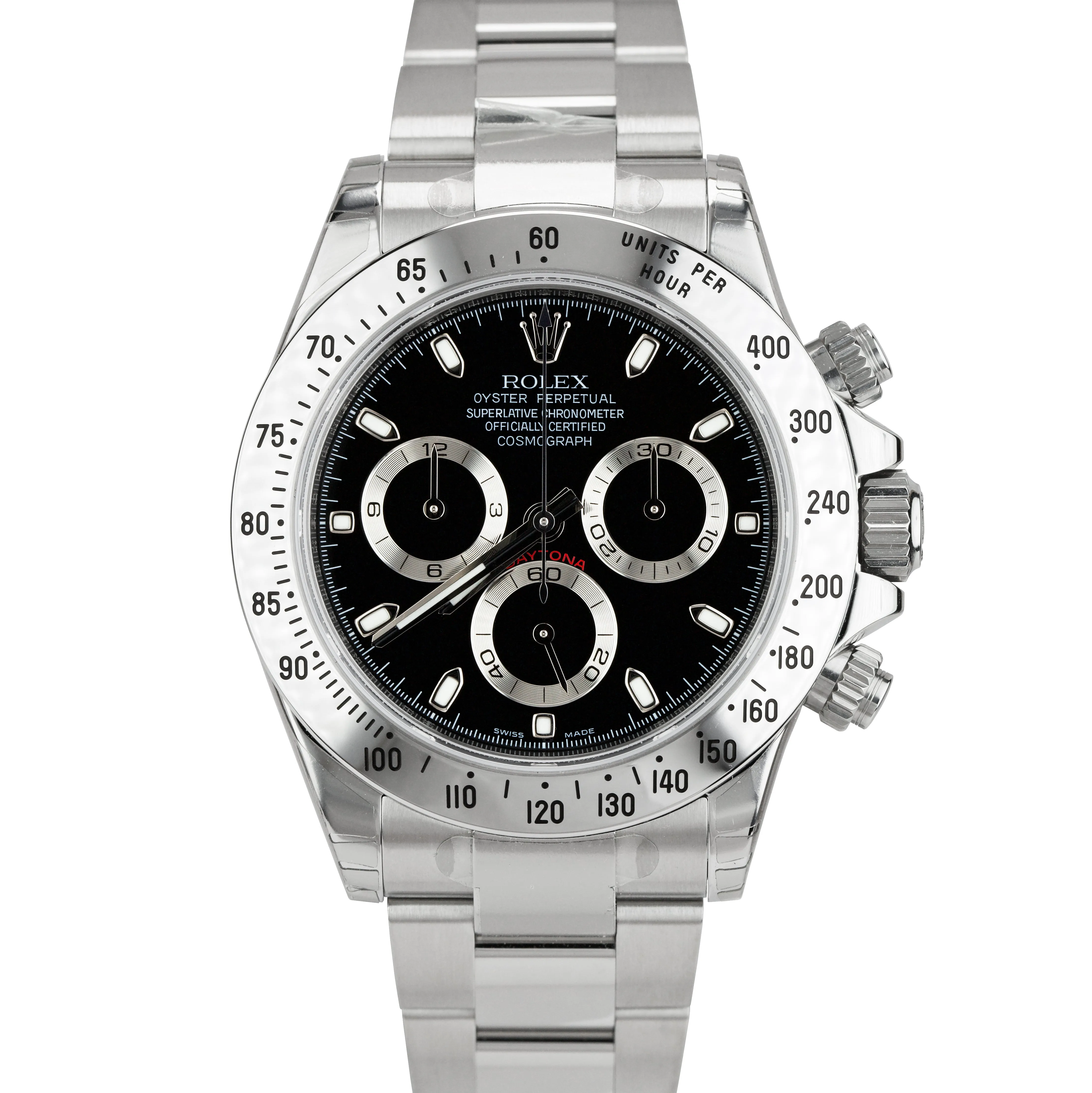 NOS BRAND NEW STICKERS Rolex Daytona Black 116520 40mm REHAUT FAT BUCKLE Watch
