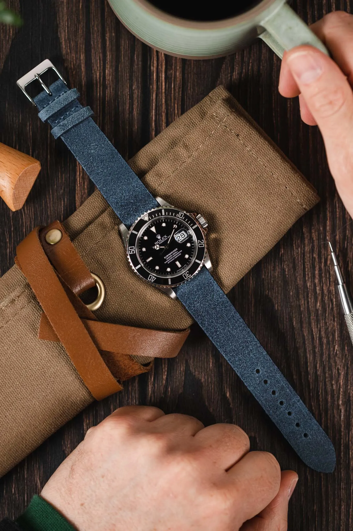 Pebro BARBOUR Waxed Calfskin Leather Watch Strap in BLUE