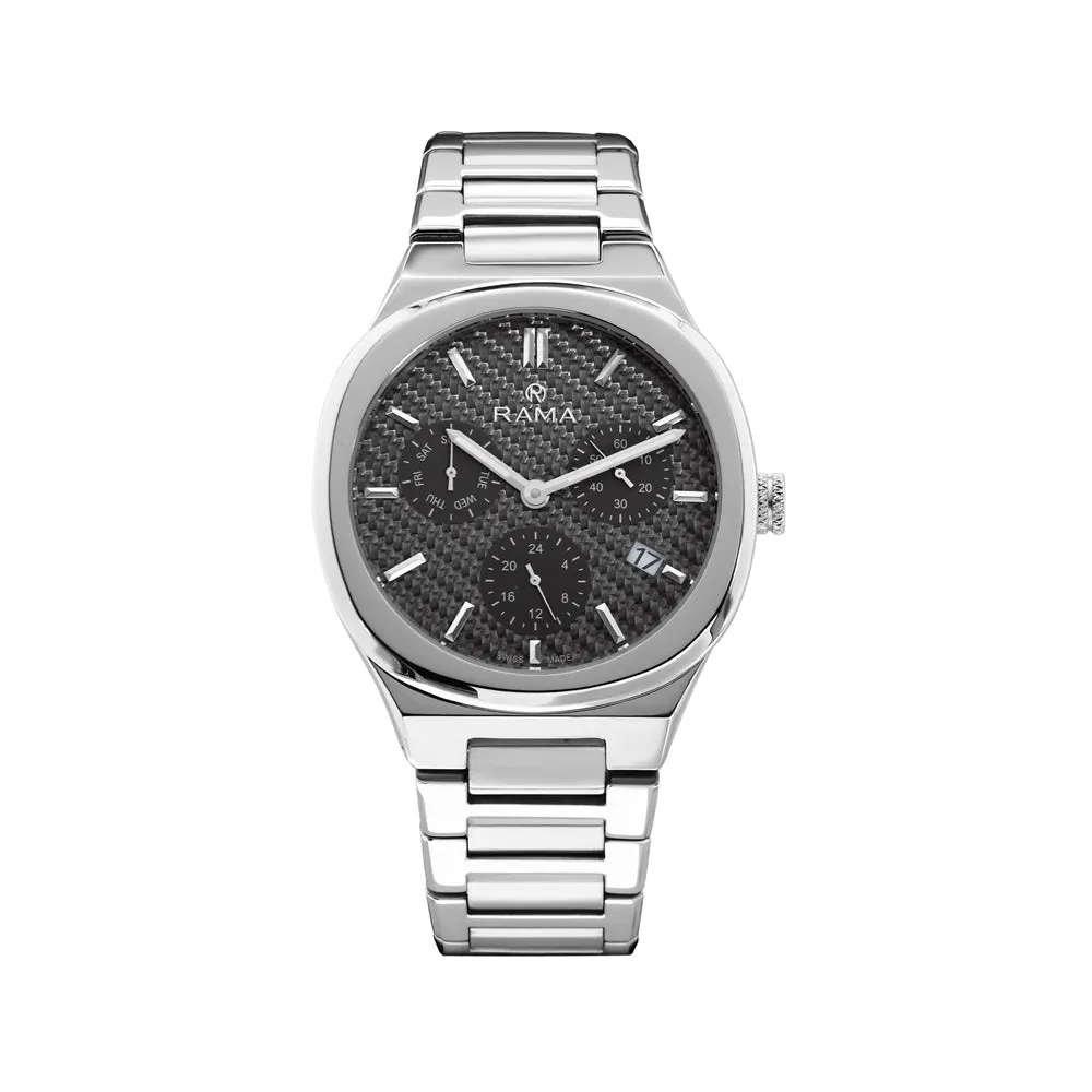 Rama Men's Quartz Watch Full Stainless Steel Case & Bracelet With Black Carbon Fiber Dial