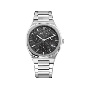 Rama Men's Quartz Watch Full Stainless Steel Case & Bracelet With Black Carbon Fiber Dial