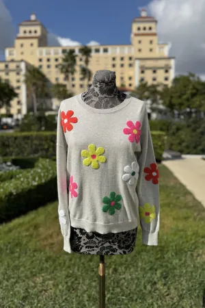 Silver Sweater with Multi-Color Floral Detail