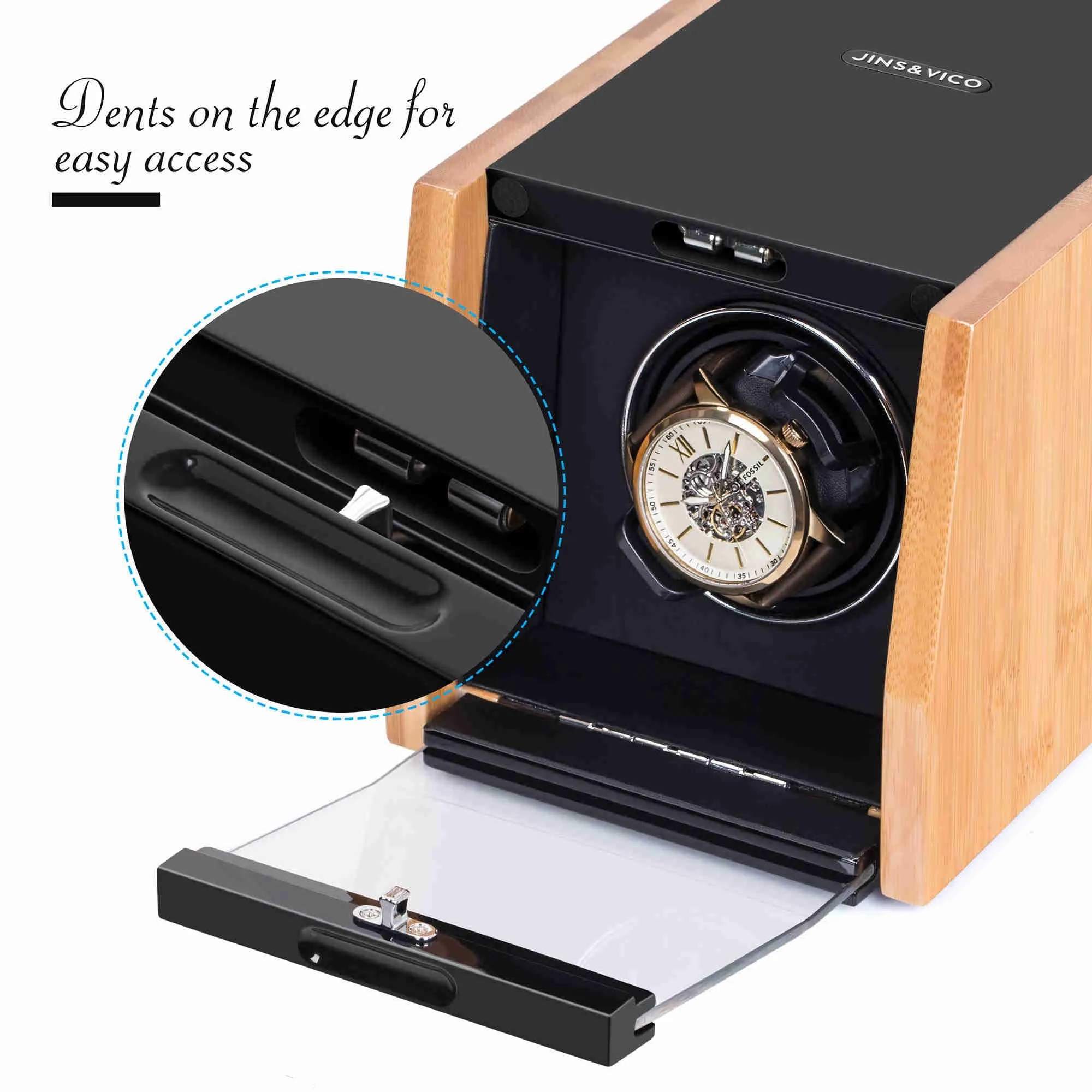 Single Watch Winder in Bamboo Shell with LED Light, JINS&VICO