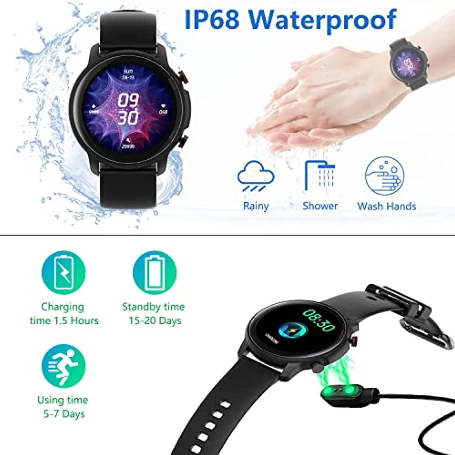 Smart Watch, SKMEI Smartwatch with Fitness Tracker, IP68 Waterproof Activity Tracker with Heart Rate Monitor, Step Counter, Blood Pressure, Compatible for Android & iOS Phones (Black)