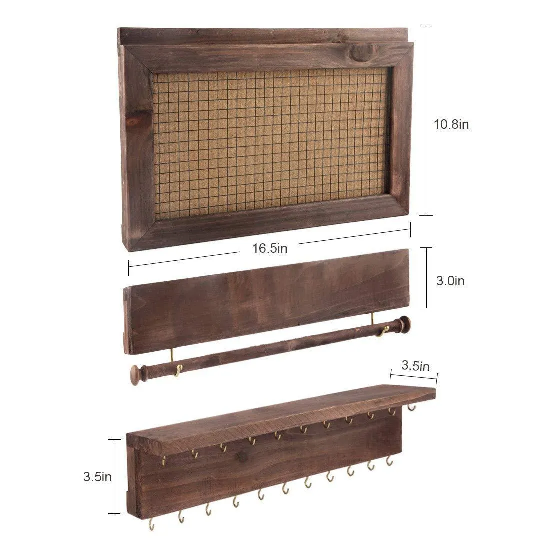 Surophy Rustic Brown Wall Mount Jewelry Organizer, Wall Hanging Jewelry Display with Removable Bracelet Rod from Wooden Wall-Mounted Mesh Jewelry Organizer Wooden Earring Bracelet Holder for Necklace