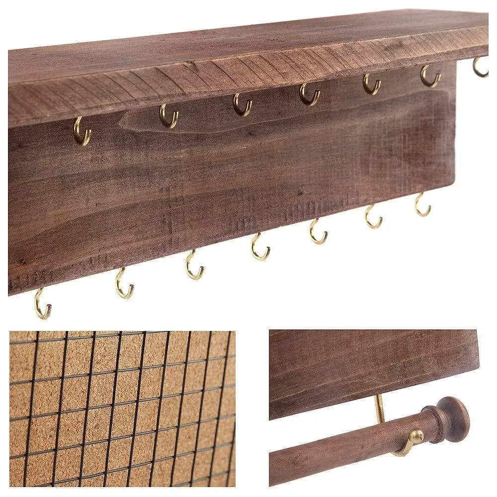Surophy Rustic Brown Wall Mount Jewelry Organizer, Wall Hanging Jewelry Display with Removable Bracelet Rod from Wooden Wall-Mounted Mesh Jewelry Organizer Wooden Earring Bracelet Holder for Necklace