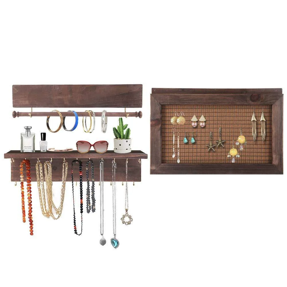 Surophy Rustic Brown Wall Mount Jewelry Organizer, Wall Hanging Jewelry Display with Removable Bracelet Rod from Wooden Wall-Mounted Mesh Jewelry Organizer Wooden Earring Bracelet Holder for Necklace
