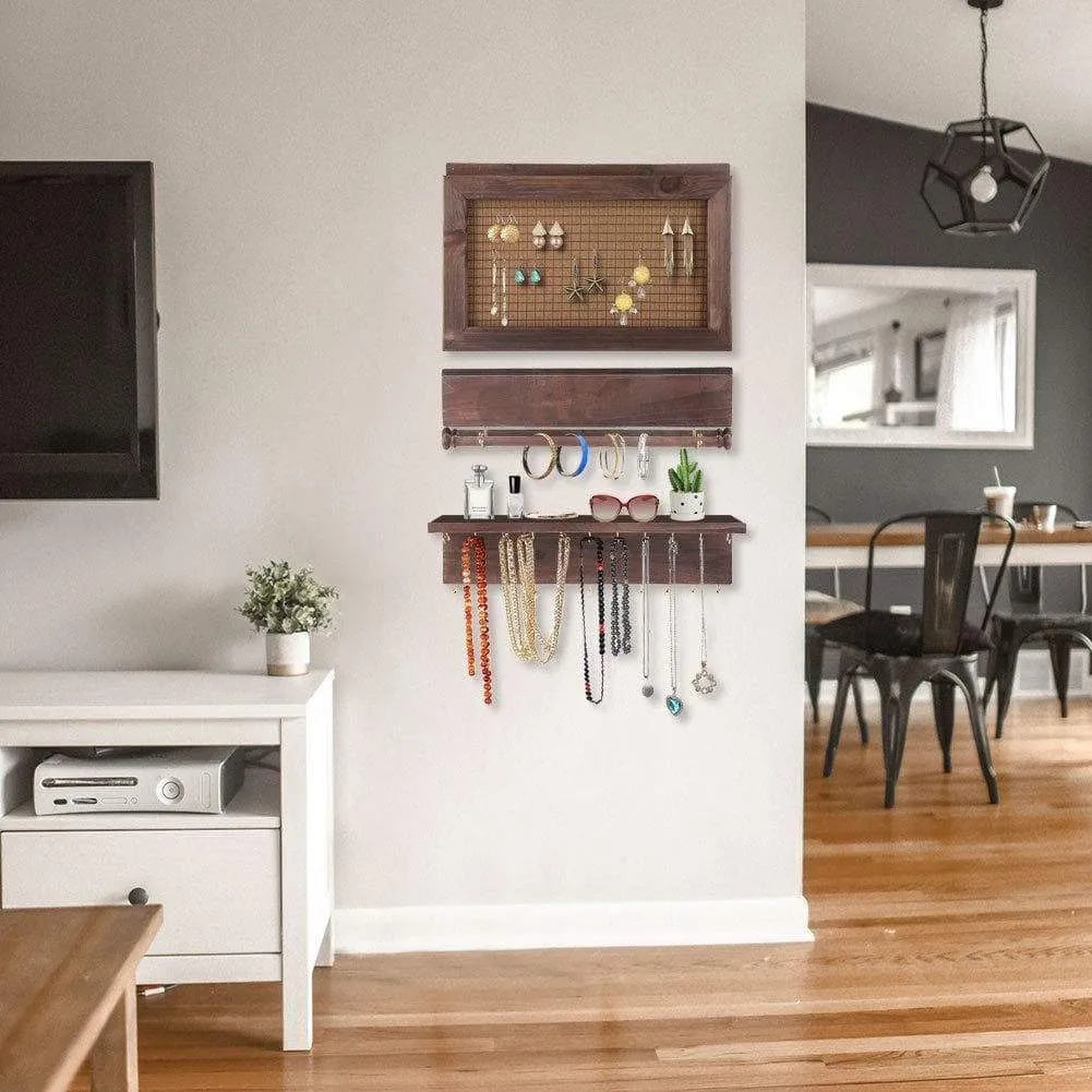 Surophy Rustic Brown Wall Mount Jewelry Organizer, Wall Hanging Jewelry Display with Removable Bracelet Rod from Wooden Wall-Mounted Mesh Jewelry Organizer Wooden Earring Bracelet Holder for Necklace