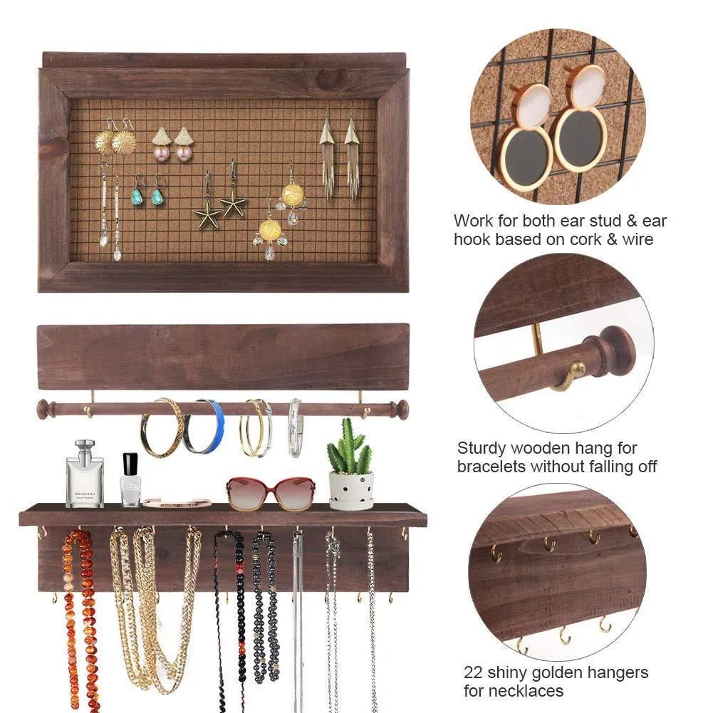 Surophy Rustic Brown Wall Mount Jewelry Organizer, Wall Hanging Jewelry Display with Removable Bracelet Rod from Wooden Wall-Mounted Mesh Jewelry Organizer Wooden Earring Bracelet Holder for Necklace
