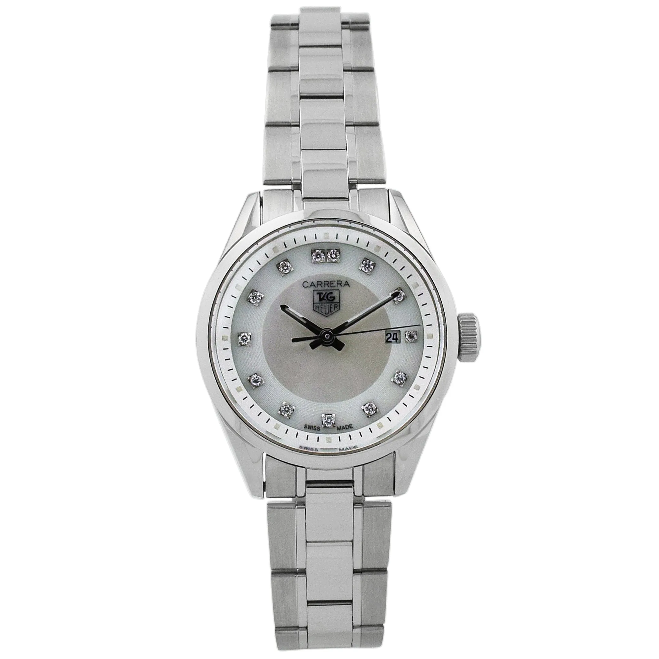 Tag Heuer Lady's Carrera Quartz Stainless Steel 27mm White MOP Diamond Dial Watch Reference #: WV1411.BA0793