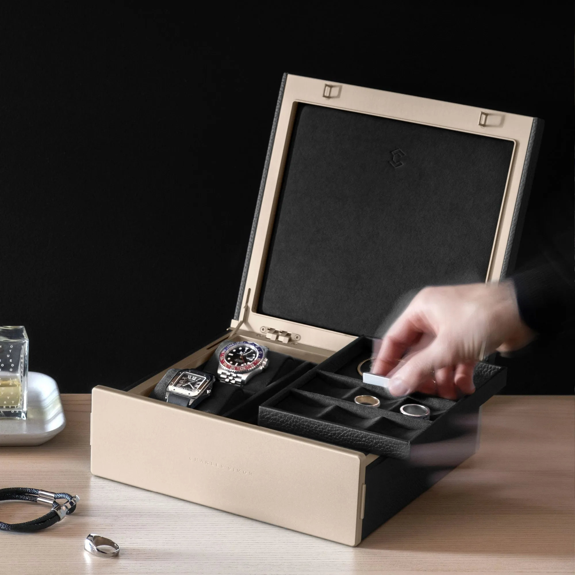 TAYLOR 2 WATCH AND JEWELRY BOX - BLACK / CHAMPAGNE