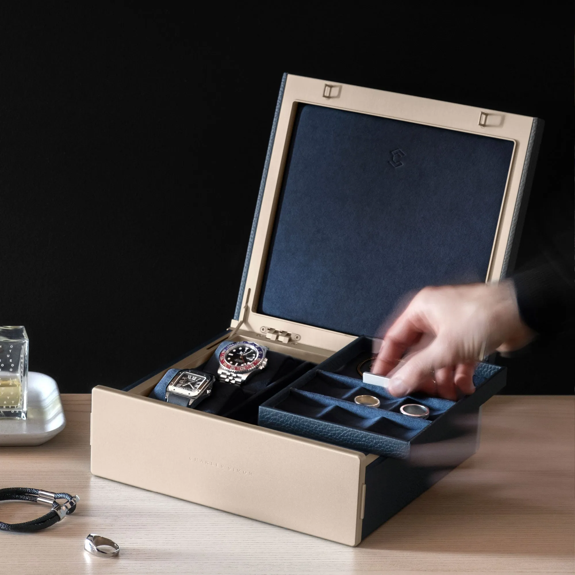 TAYLOR 2 WATCH AND JEWELRY BOX - MARINE / CHAMPAGNE