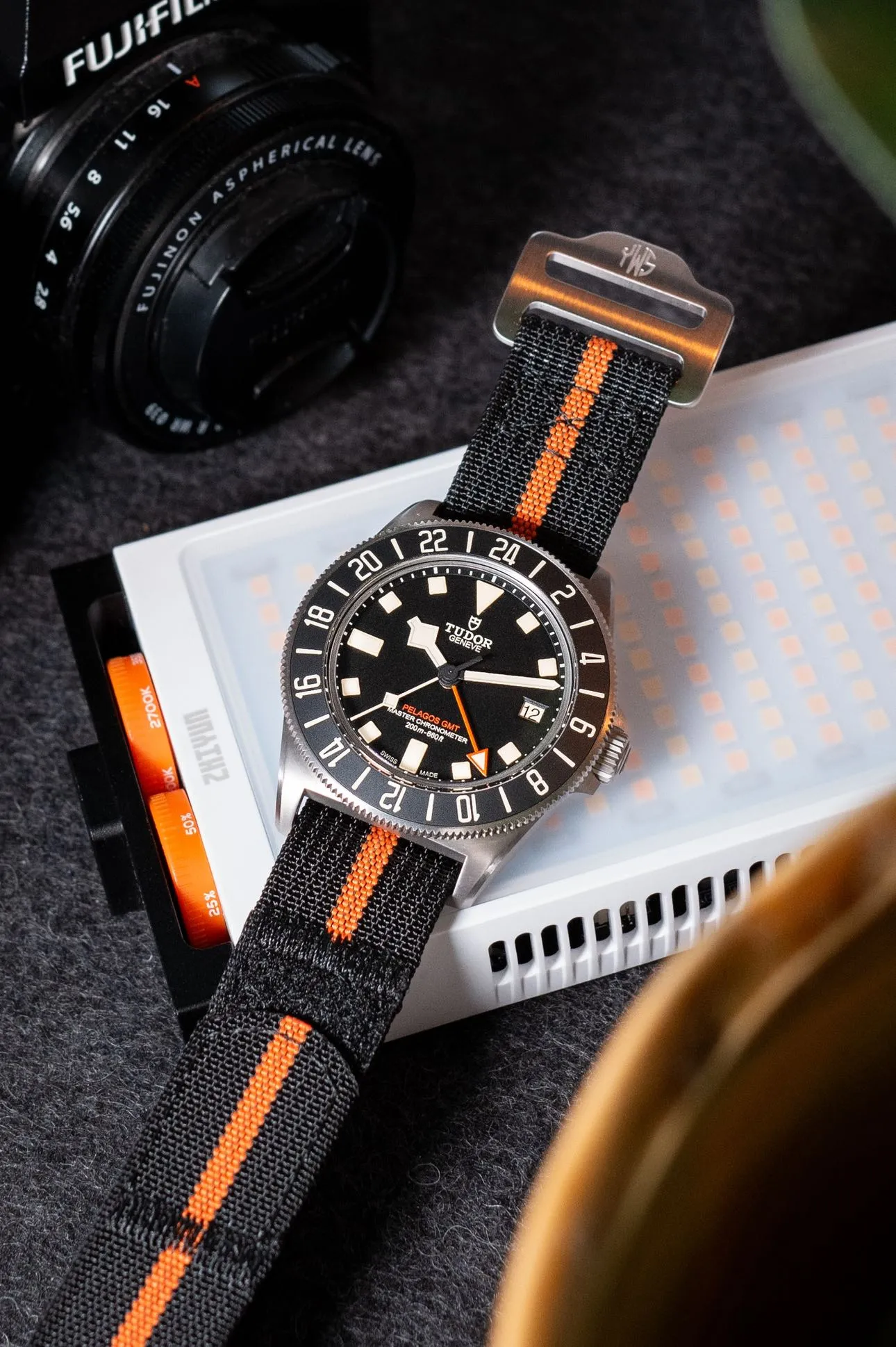 The Adventurer - Ribbed Nylon Single Pass Hook and Loop Watch Strap - Black Orange