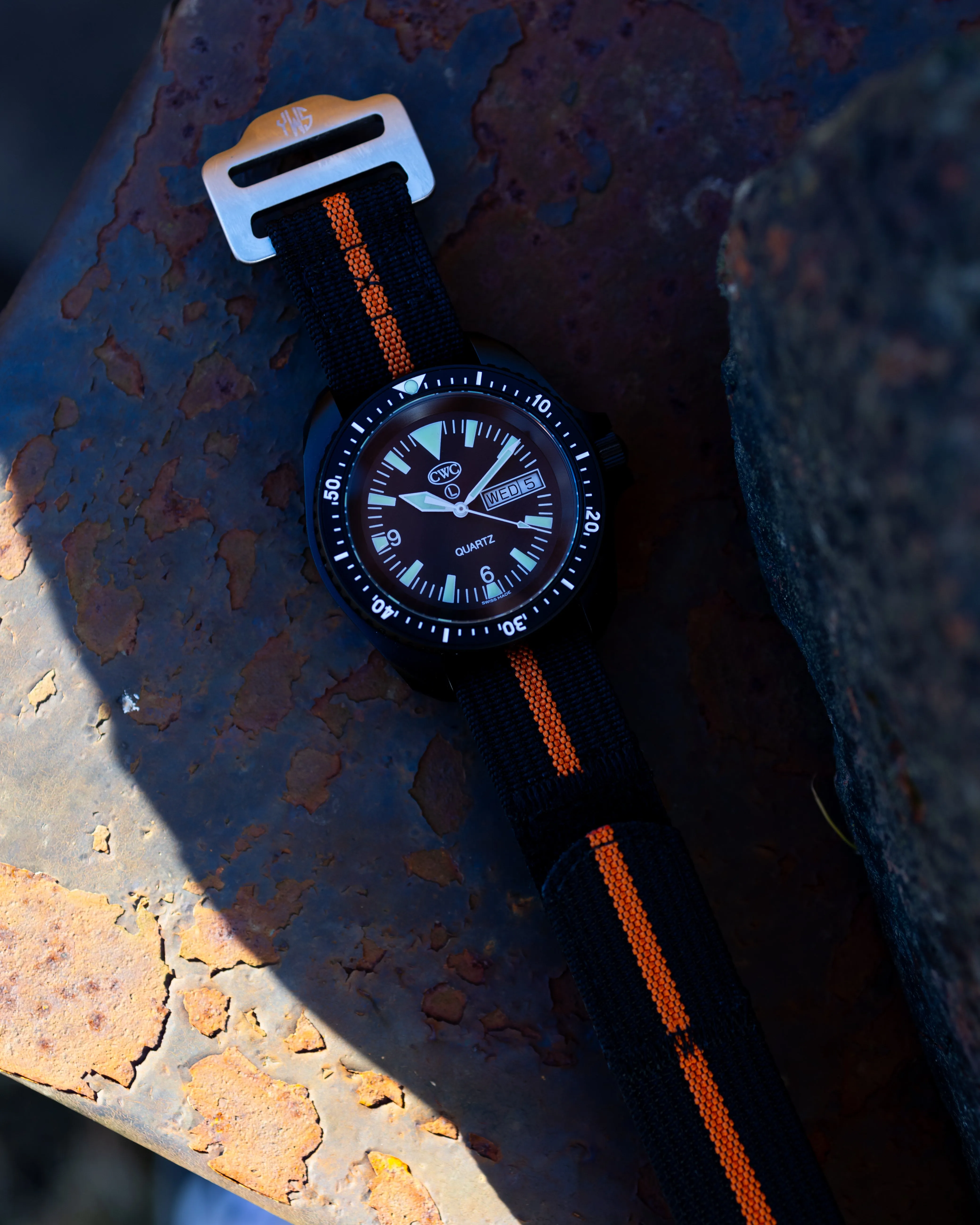 The Adventurer - Ribbed Nylon Single Pass Hook and Loop Watch Strap - Black Orange