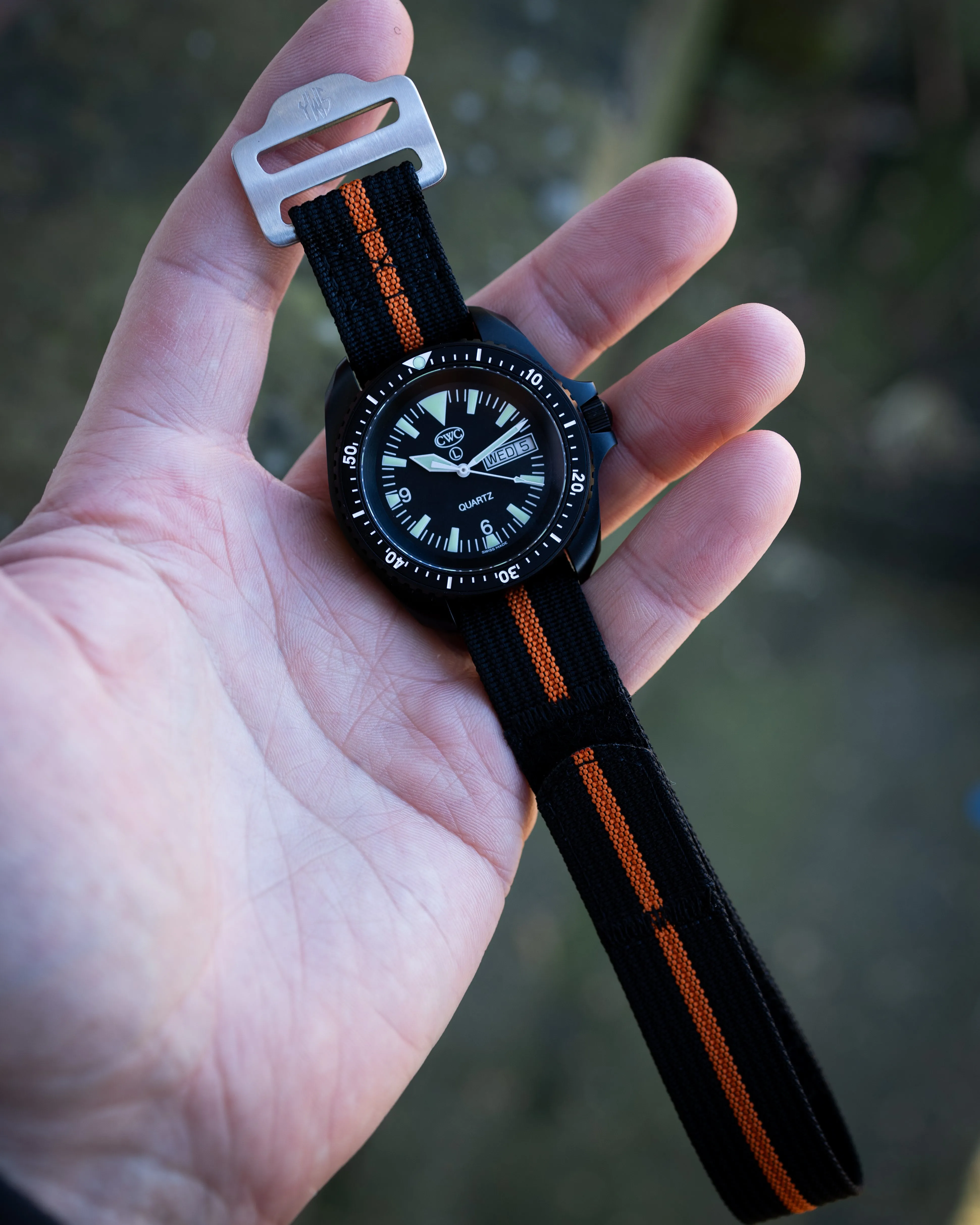 The Adventurer - Ribbed Nylon Single Pass Hook and Loop Watch Strap - Black Orange