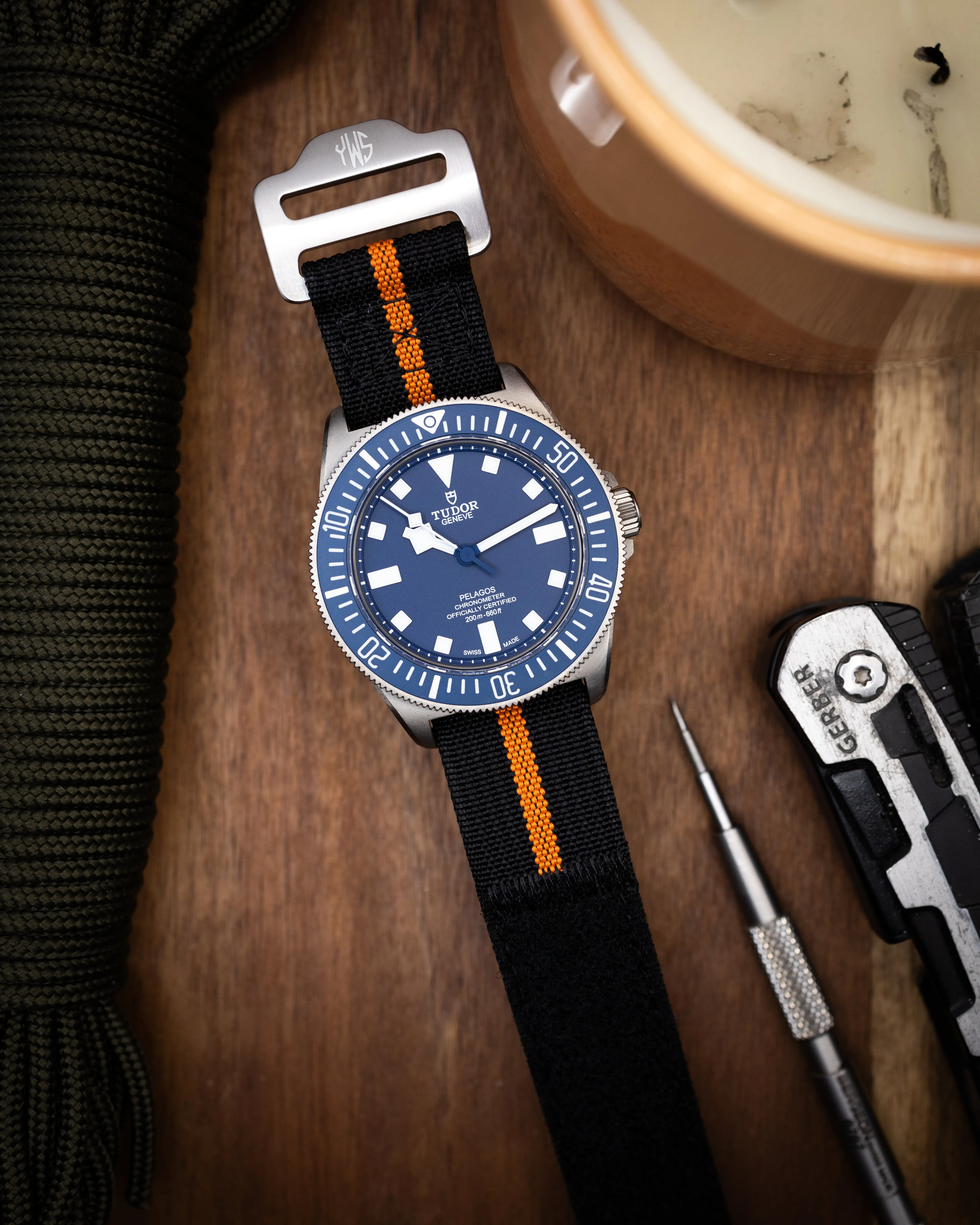 The Adventurer - Ribbed Nylon Single Pass Hook and Loop Watch Strap - Black Orange
