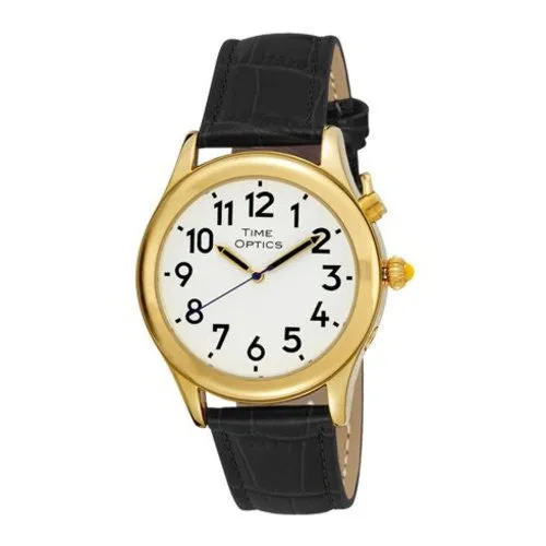 TimeOptics Men's Talking Gold-Tone Day Date Alarm Leather Strap Watch # GWC128GBK