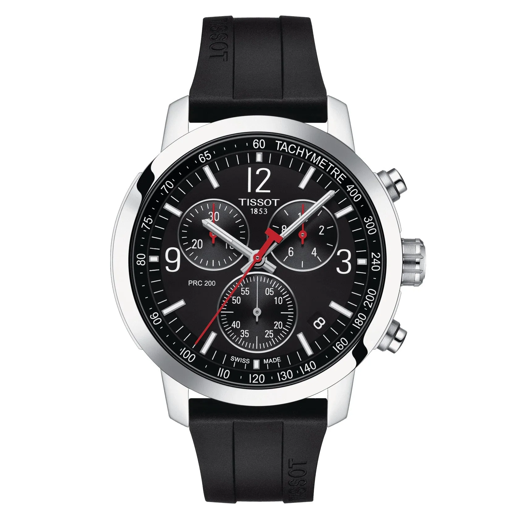 Tissot PRC 200 Chronograph Mens Stainless Steel Black Dial Black Rubber Strap Watch