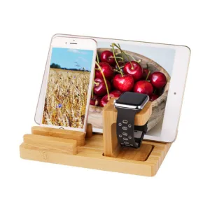 Trexonic Bamboo 4-Port Apple Watch and Iphone Charging Stand with 3 Device Slots